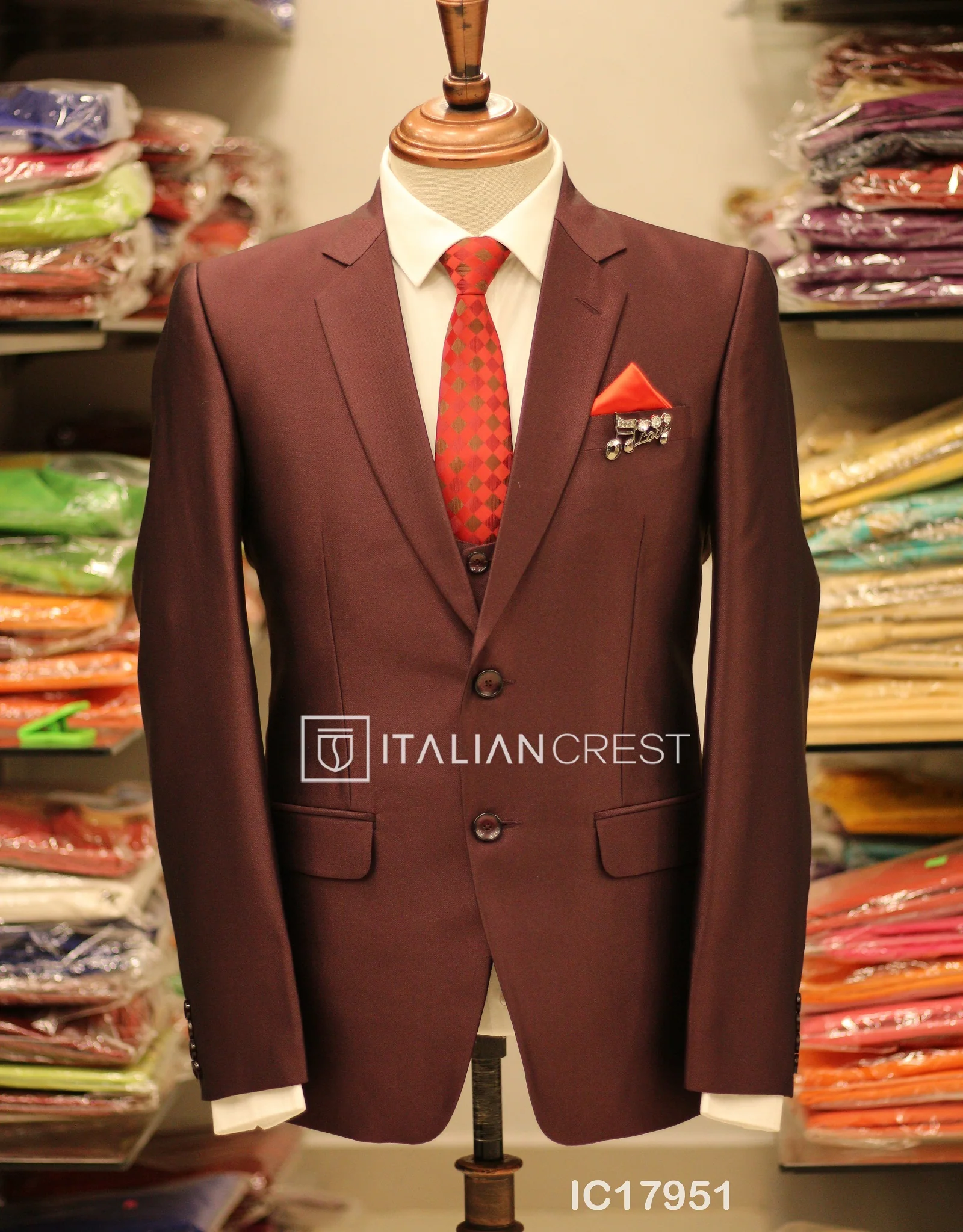 Wine 3-Piece Notch Lapel Suit - Image 6