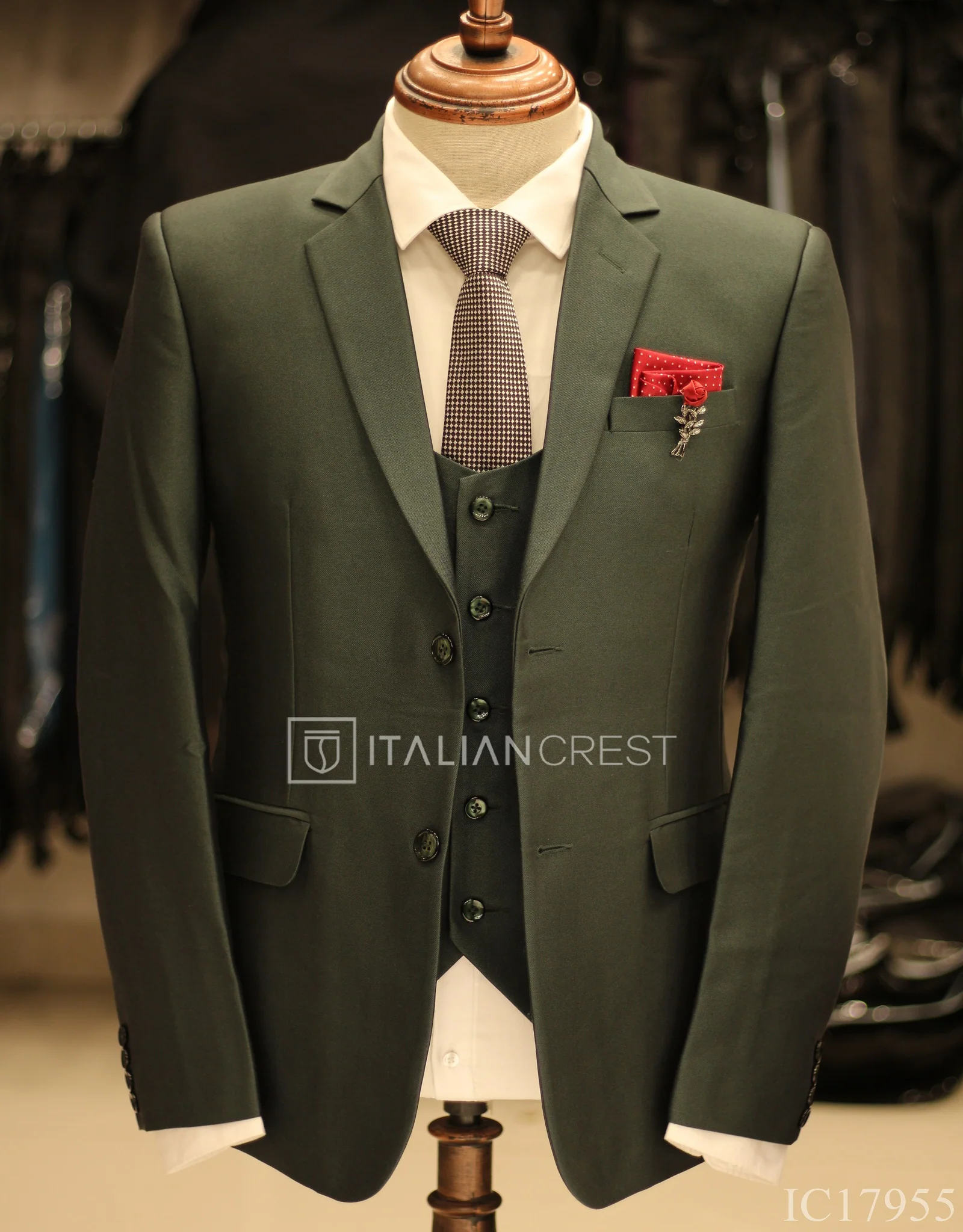 Dark Green 3-Piece Notch Lapel Suit - Image 3
