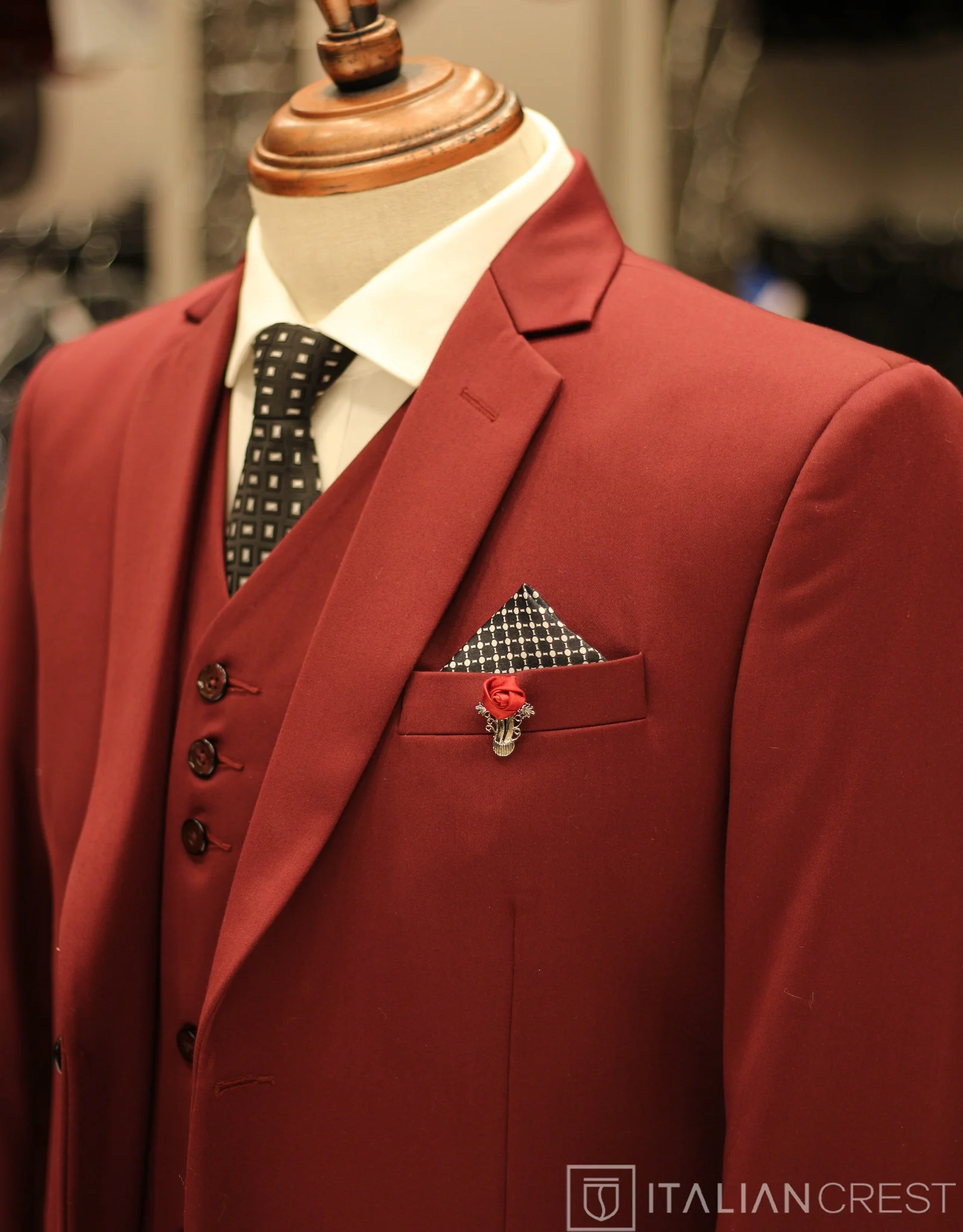 Maroon 3-Piece Notch Lapel Suit