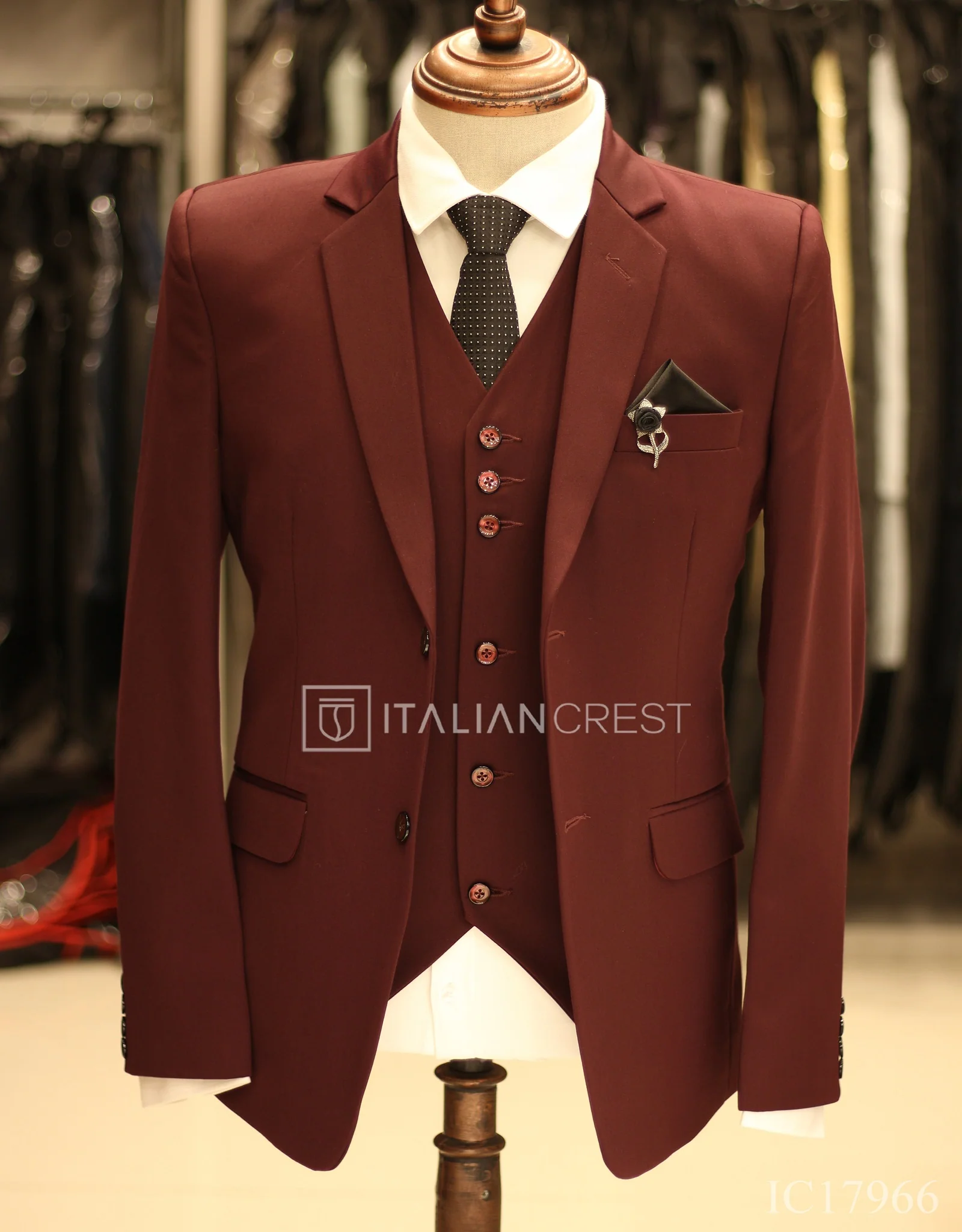 Wine 3-Piece Notch Lapel Suit - Image 3