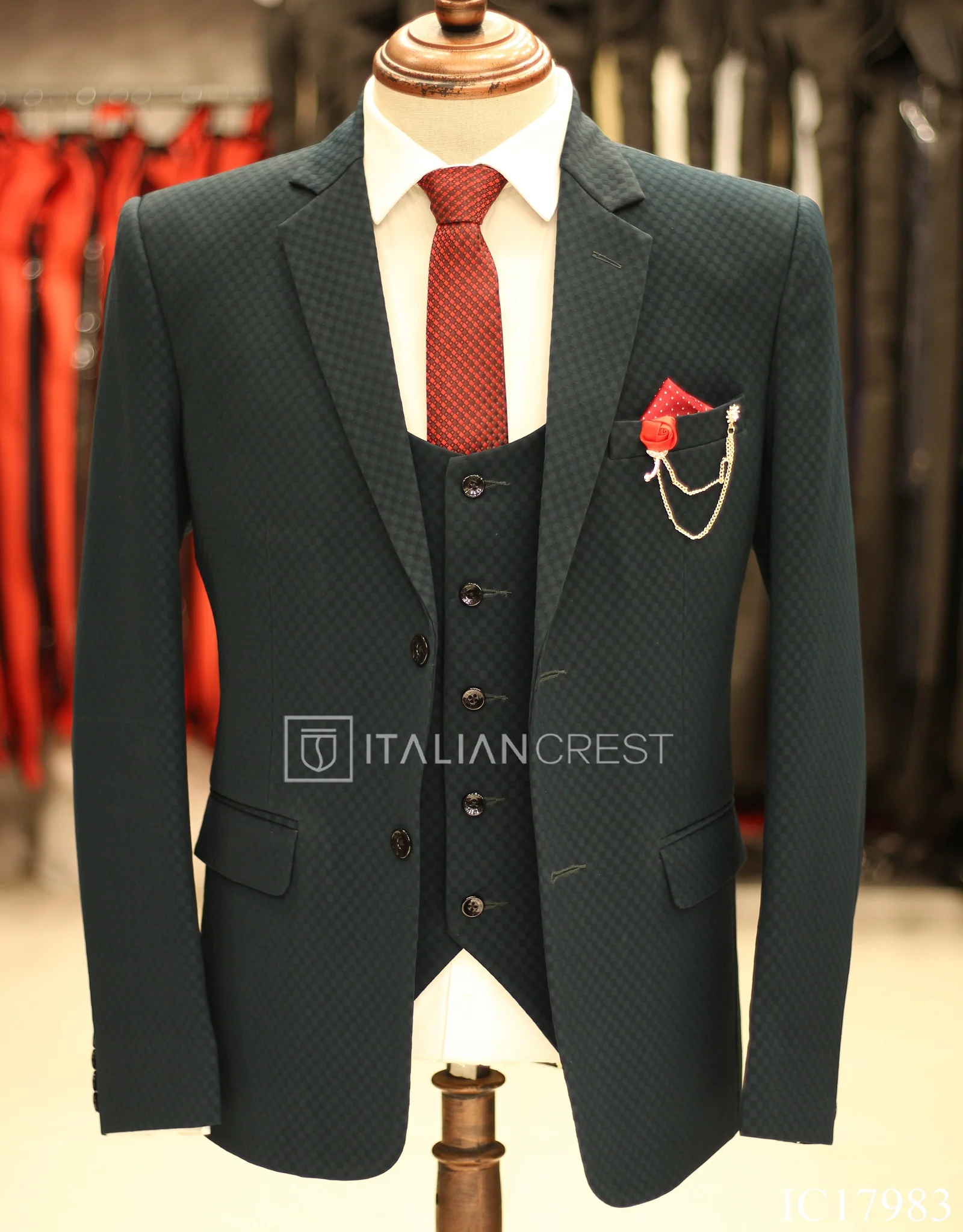Dark Green 3-Piece Notch Lapel Suit - Image 3