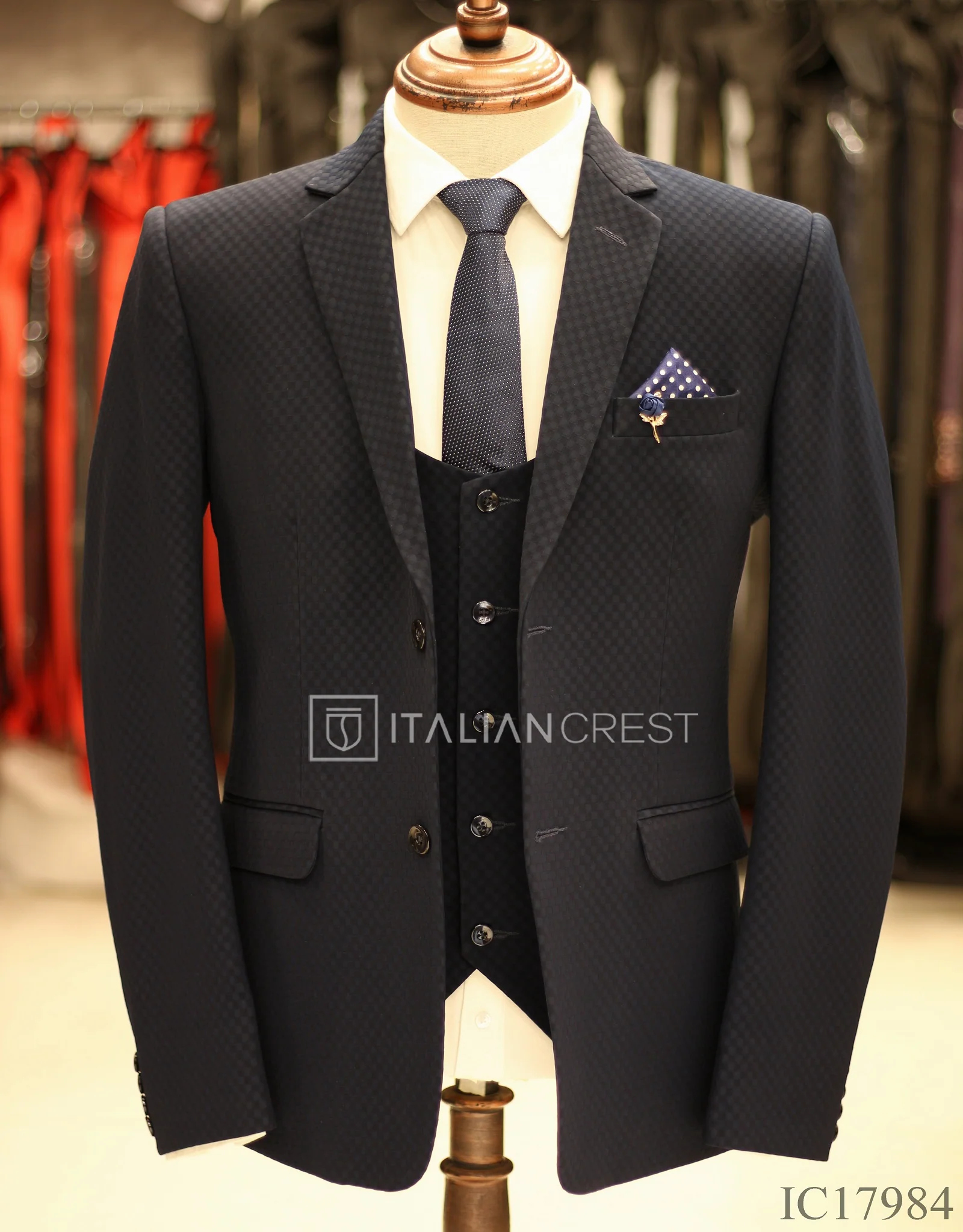 Navy Blue 3-Piece Notch Lapel Suit - Image 3