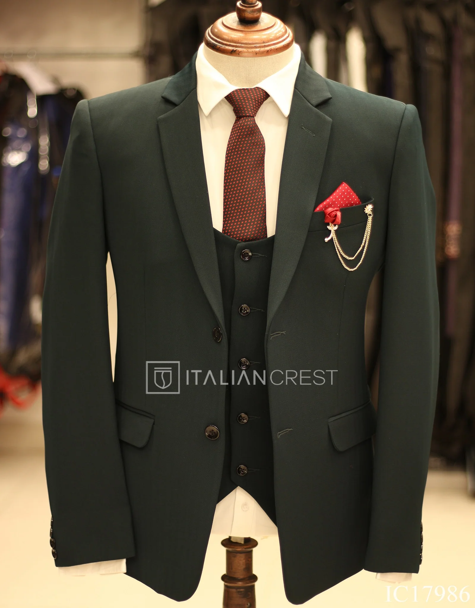 Dark Green 3-Piece Notch Lapel Suit - Image 3