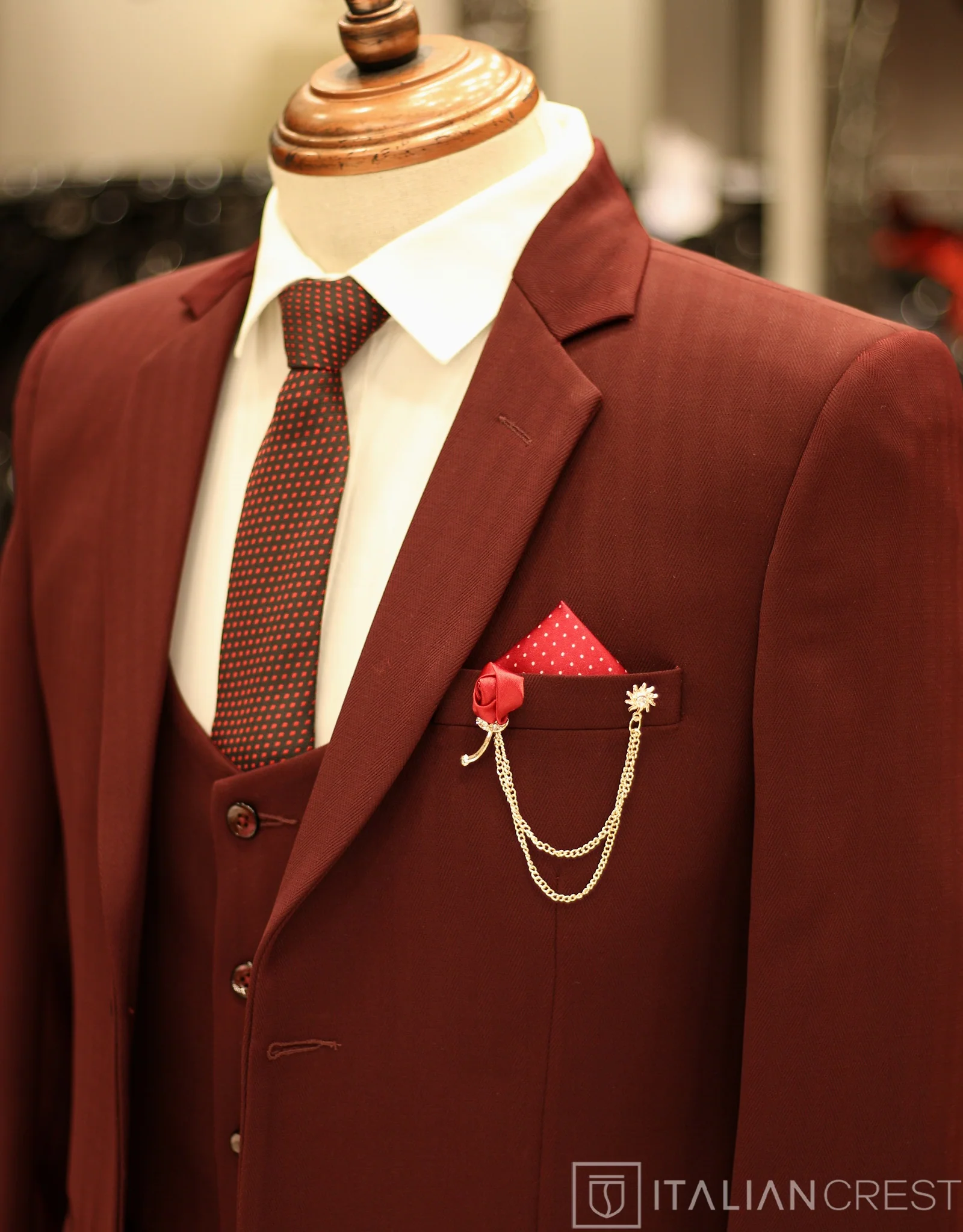 Maroon 3-Piece Notch Lapel Suit
