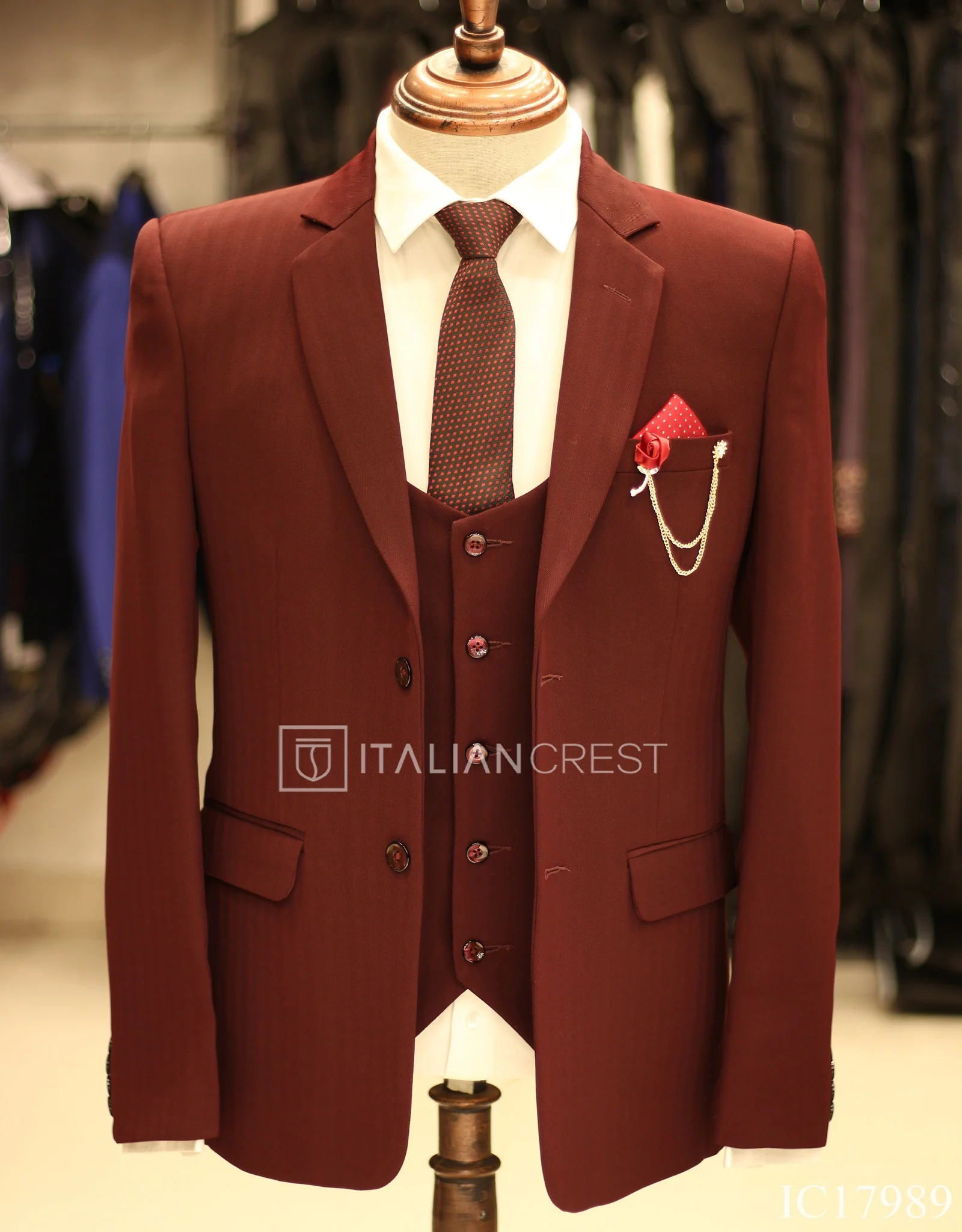 Maroon 3-Piece Notch Lapel Suit - Image 3