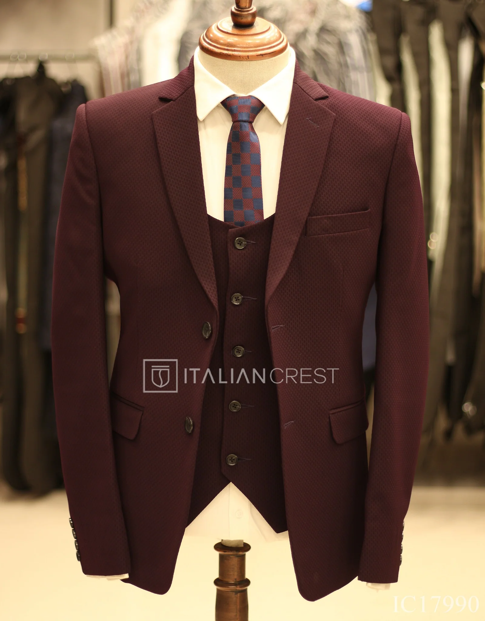 Wine 3-Piece Notch Lapel Suit - Image 3