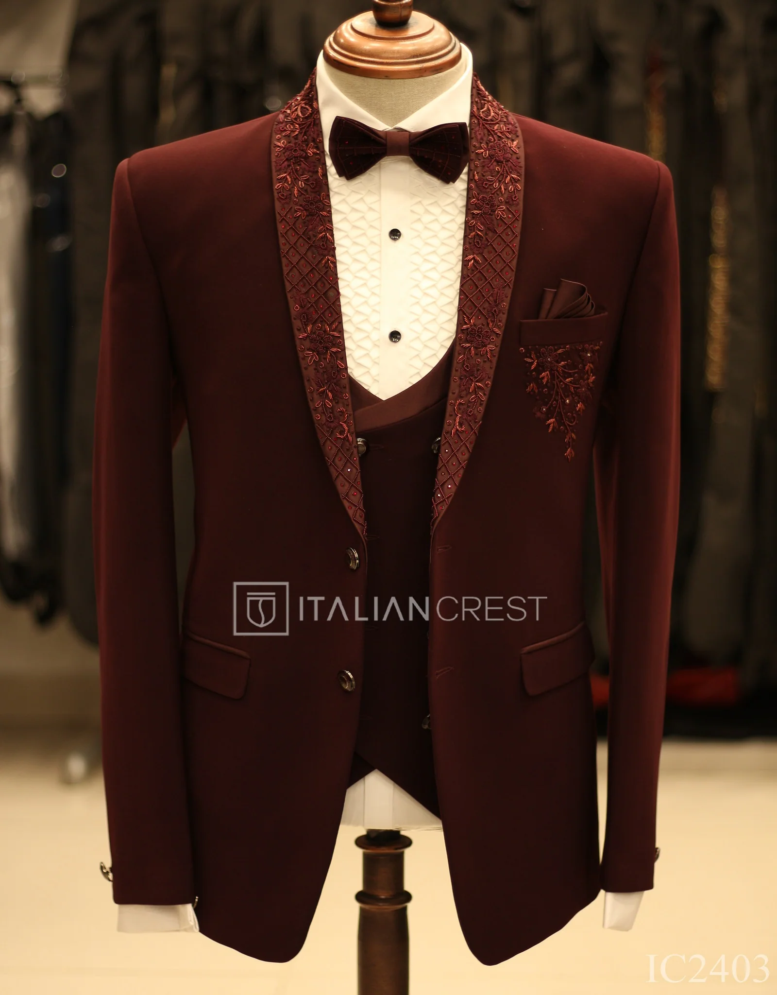 Maroon Embroidery Work 5pc Wedding Suit - Image 3
