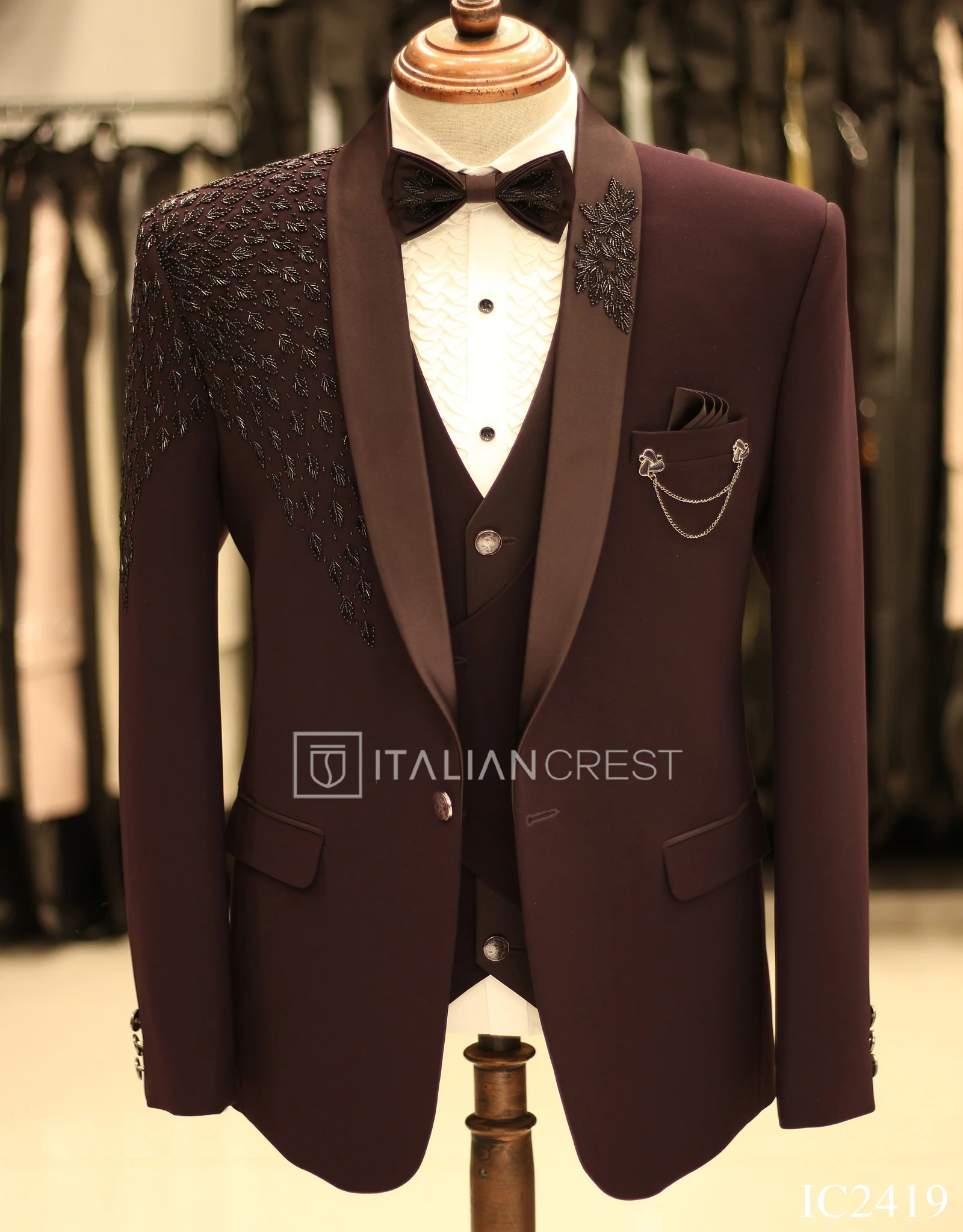 Wine Purple Embroidery Work 5pc Wedding Suit - Image 3