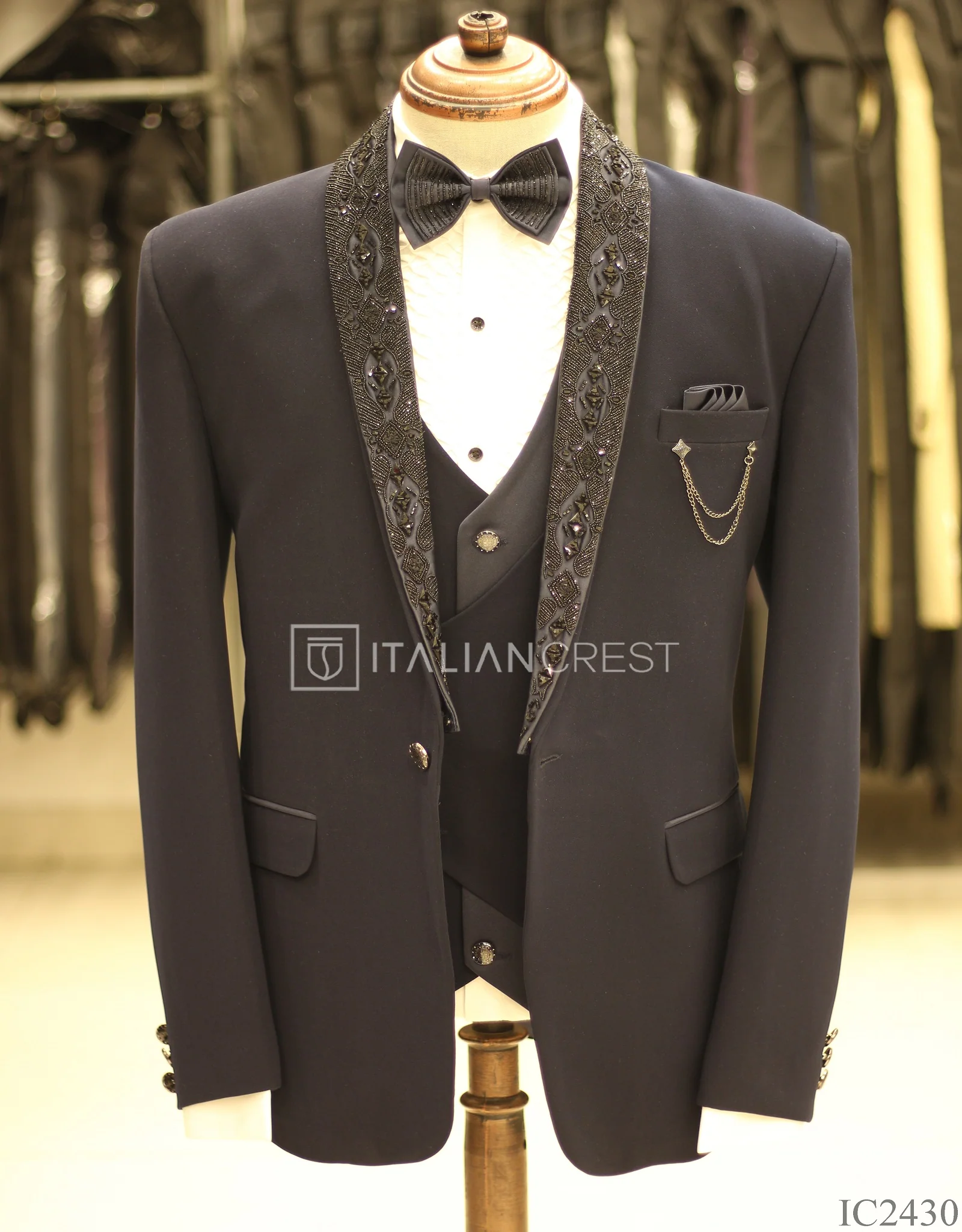 Navy Blue Embroidery Work 5pc Wedding Suit - Image 3