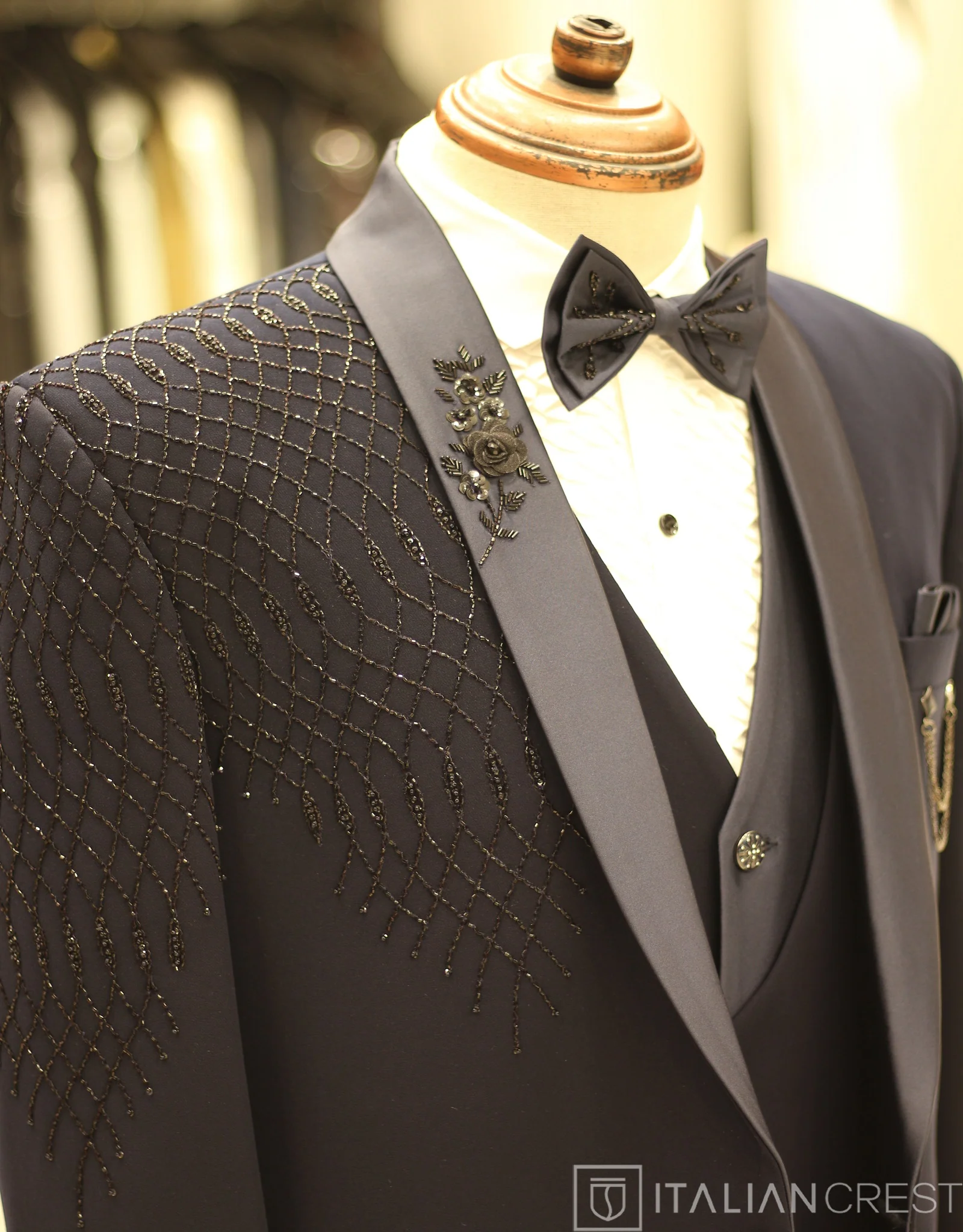Navy Blue Embroidery Work 5pc Wedding Suit