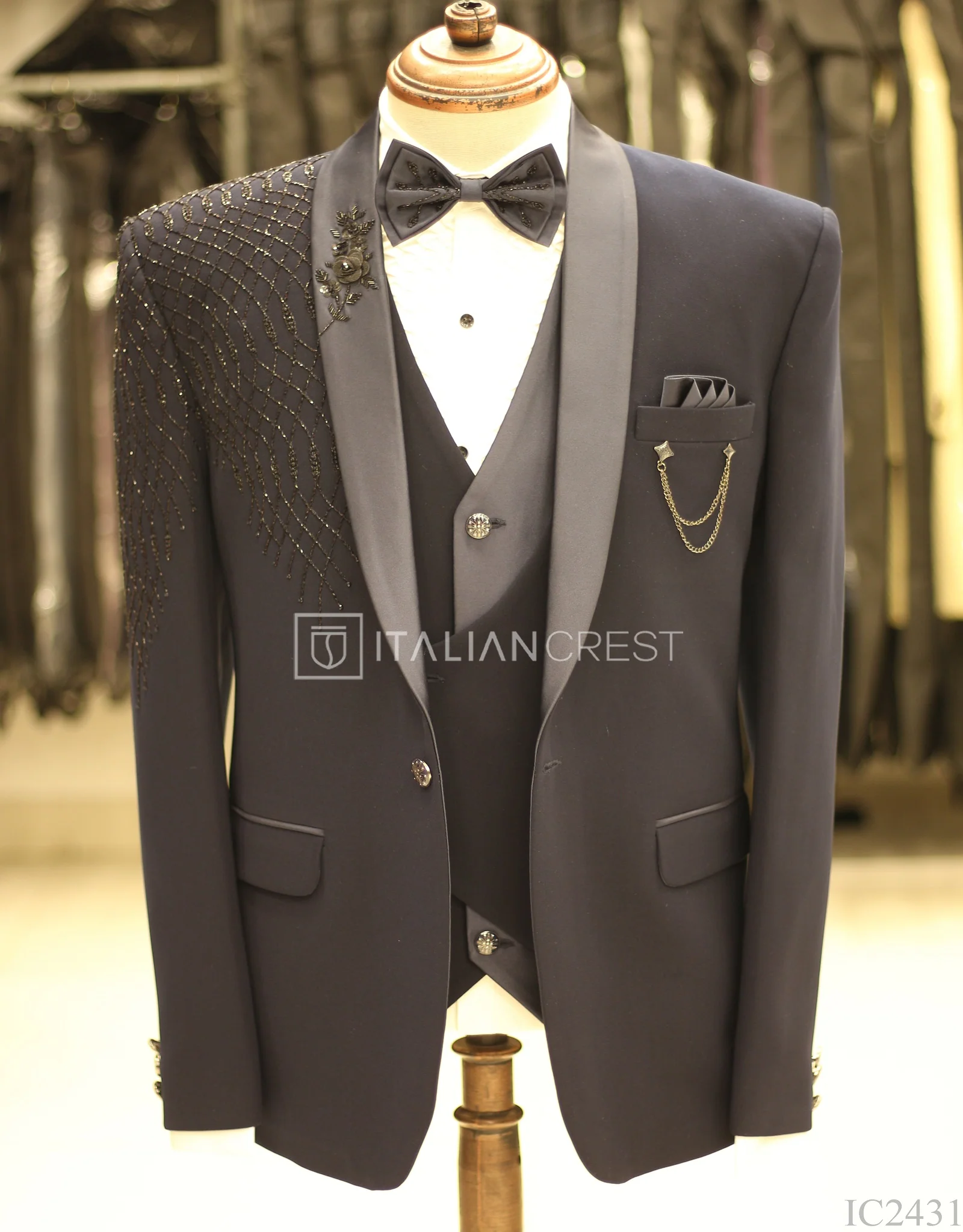 Navy Blue Embroidery Work 5pc Wedding Suit - Image 3