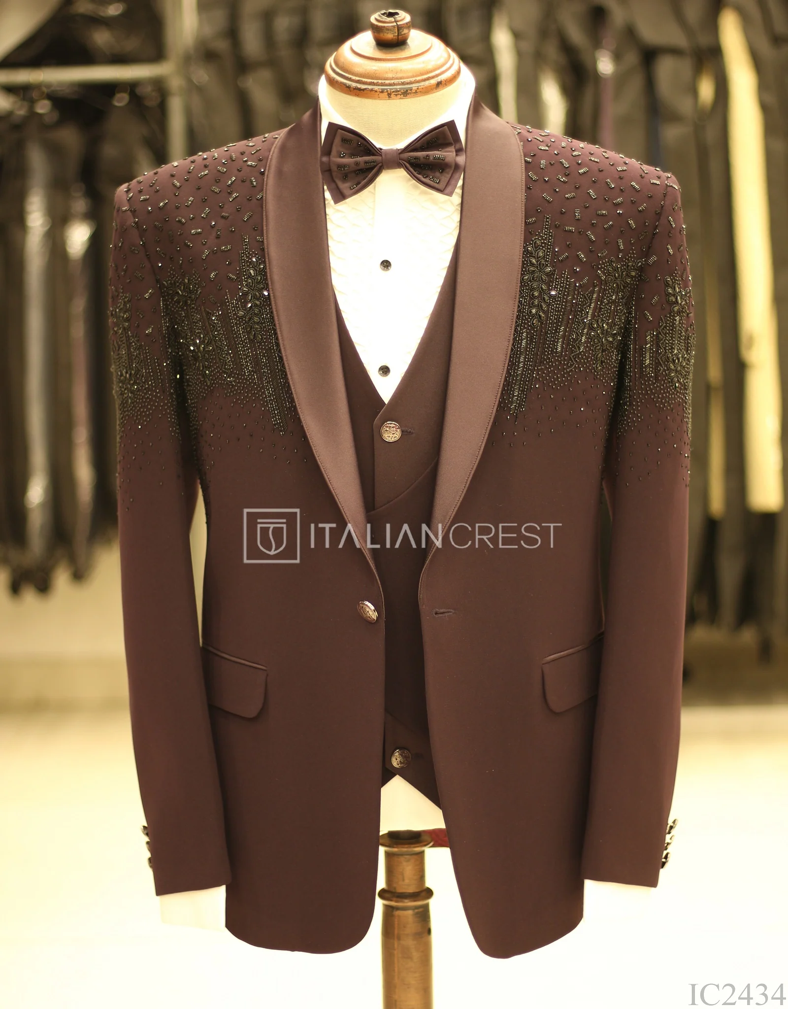 Wine Embroidery Work 5pc Wedding Suit - Image 5