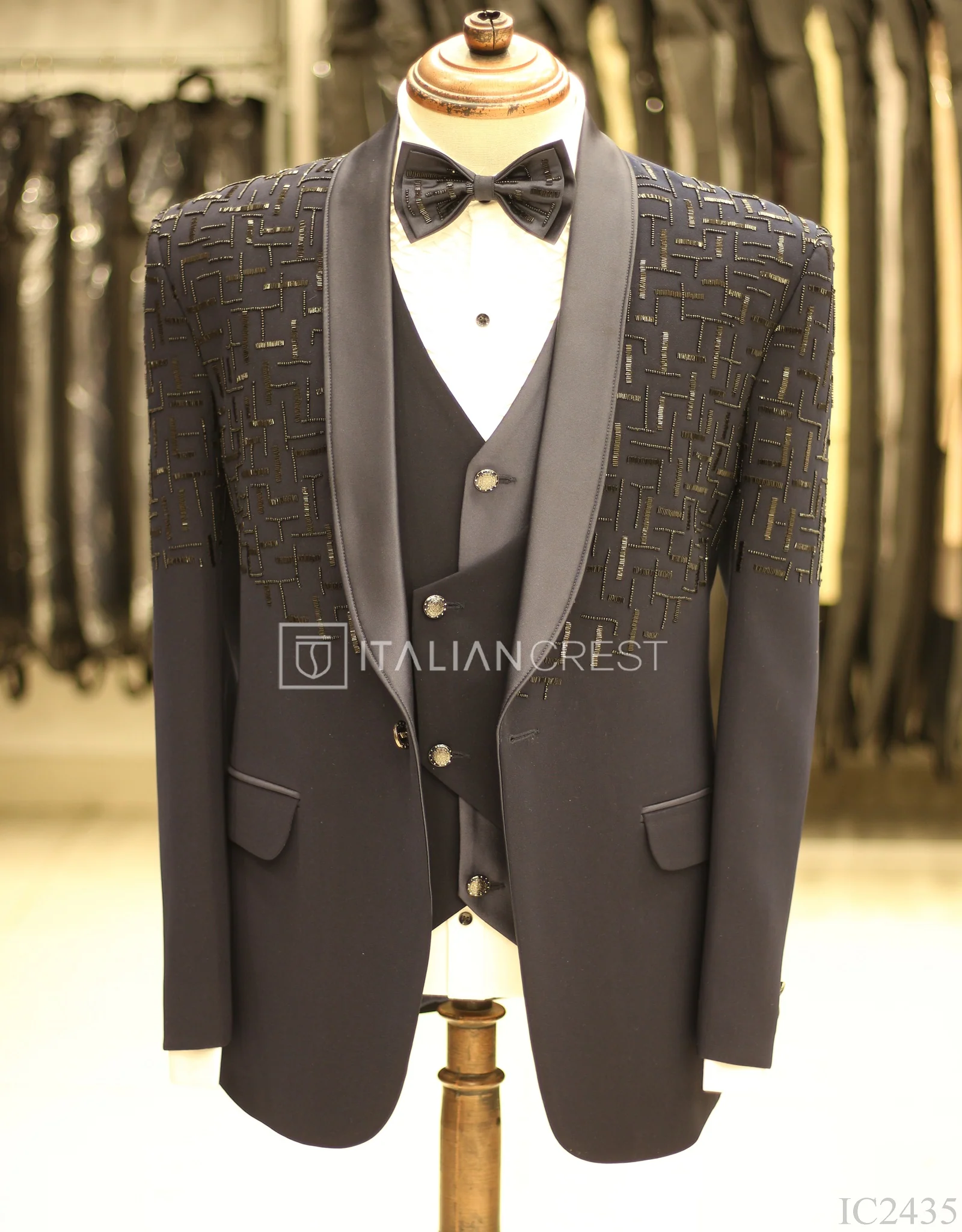 Navy Blue Embroidery Work 5pc Wedding Suit - Image 3
