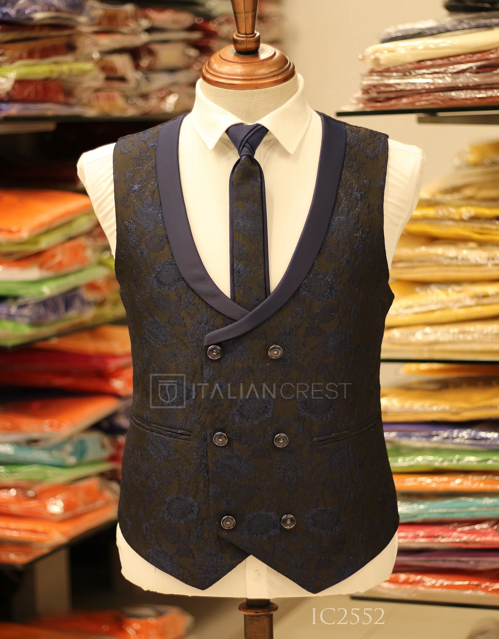 Dark Blue Jacquard 5pc Wedding Suit - Image 2