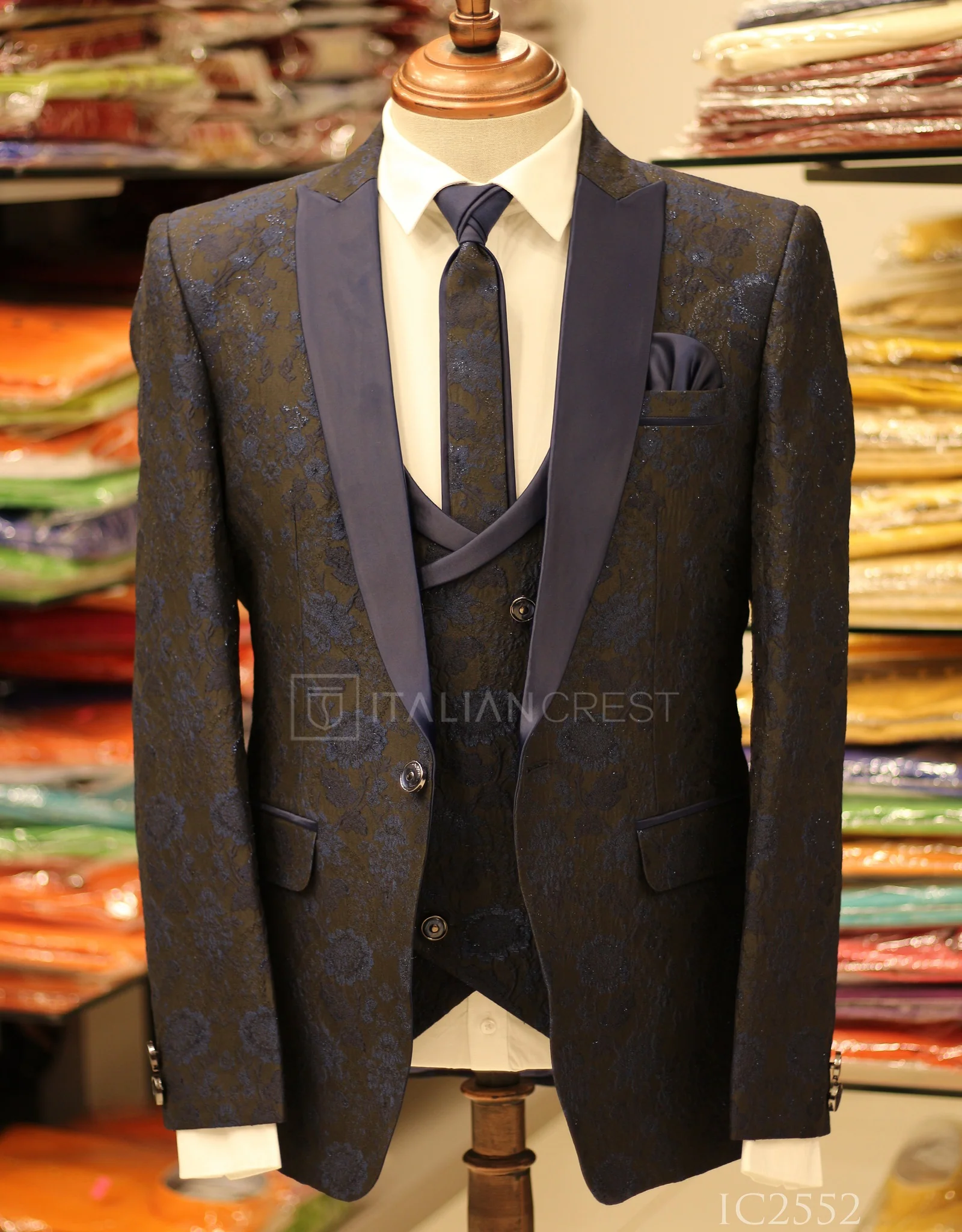 Dark Blue Jacquard 5pc Wedding Suit - Image 3