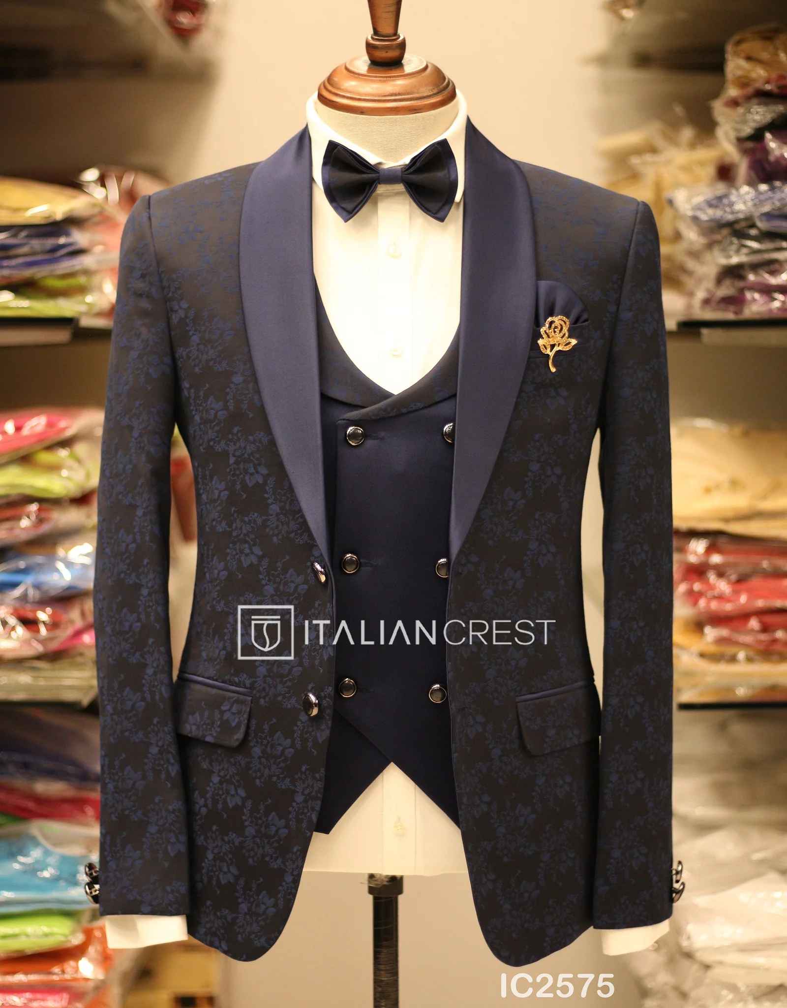Dark Blue Jacquard 5pc Wedding Suit - Image 3