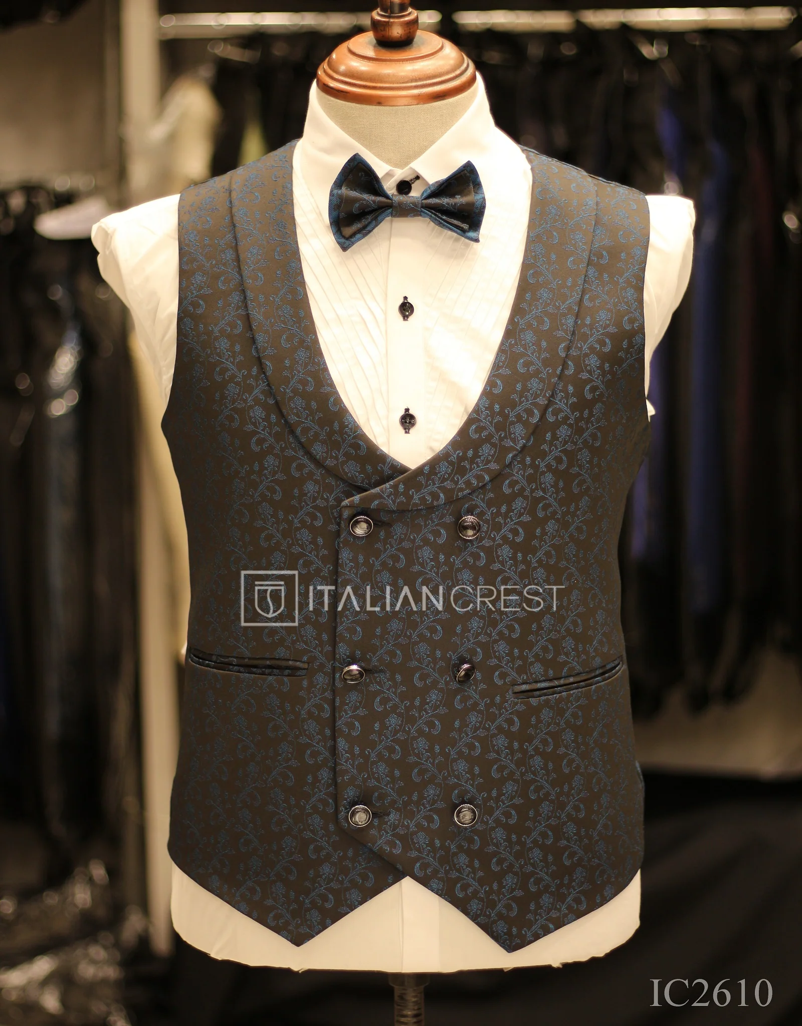 Dark Blue Jacquard 5pc Wedding Suit - Image 2