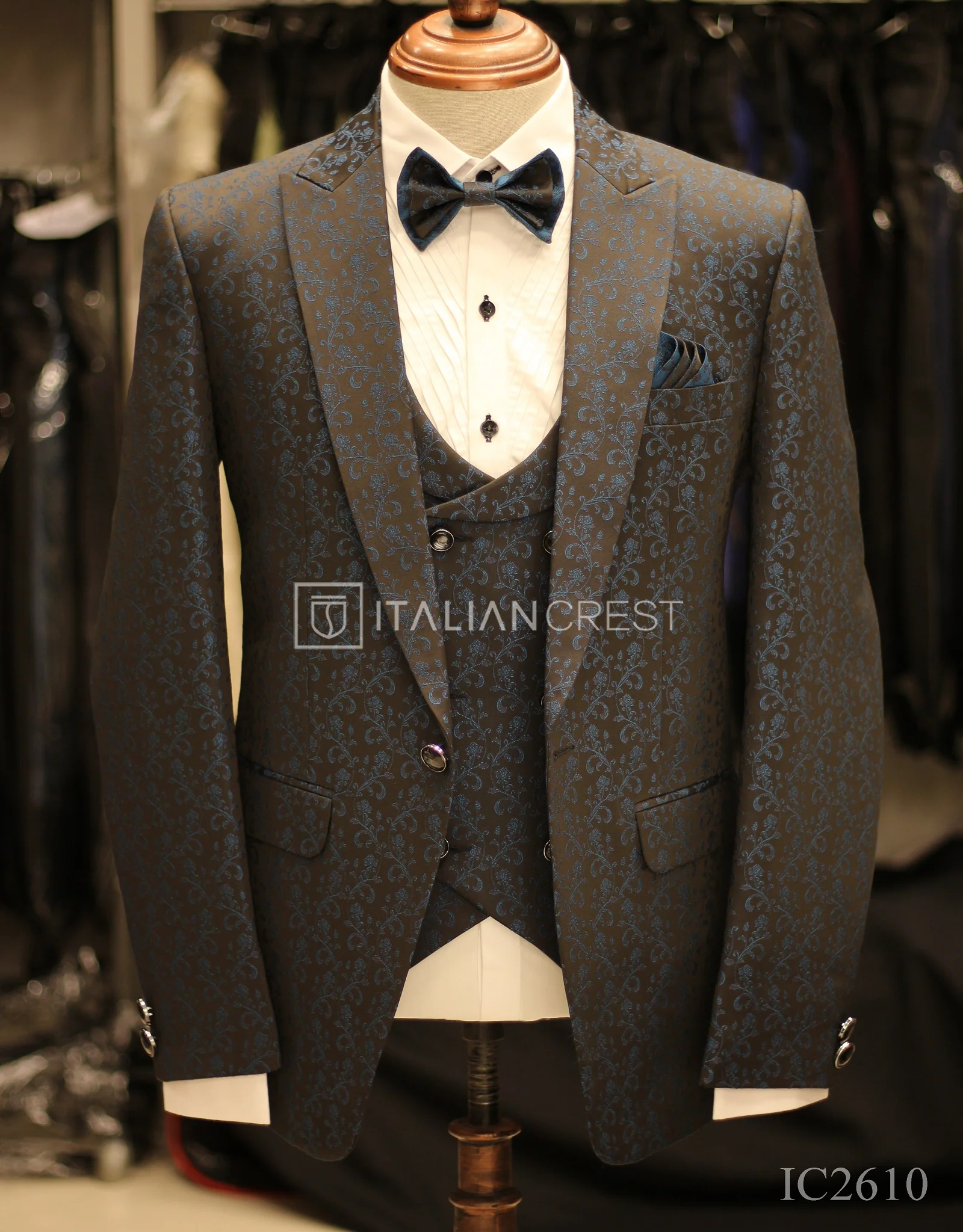 Dark Blue Jacquard 5pc Wedding Suit - Image 3