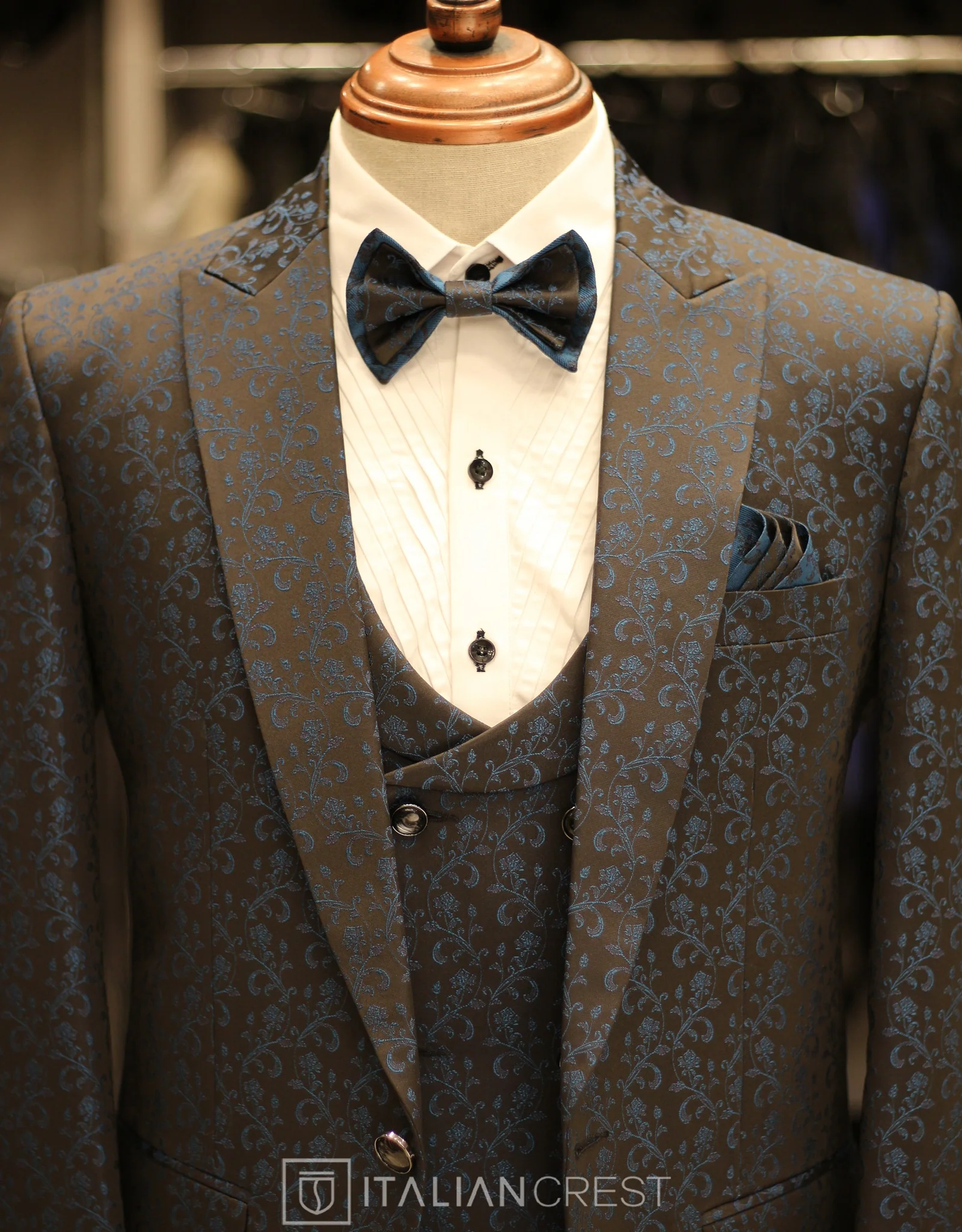 Dark Blue Jacquard 5pc Wedding Suit - Image 4