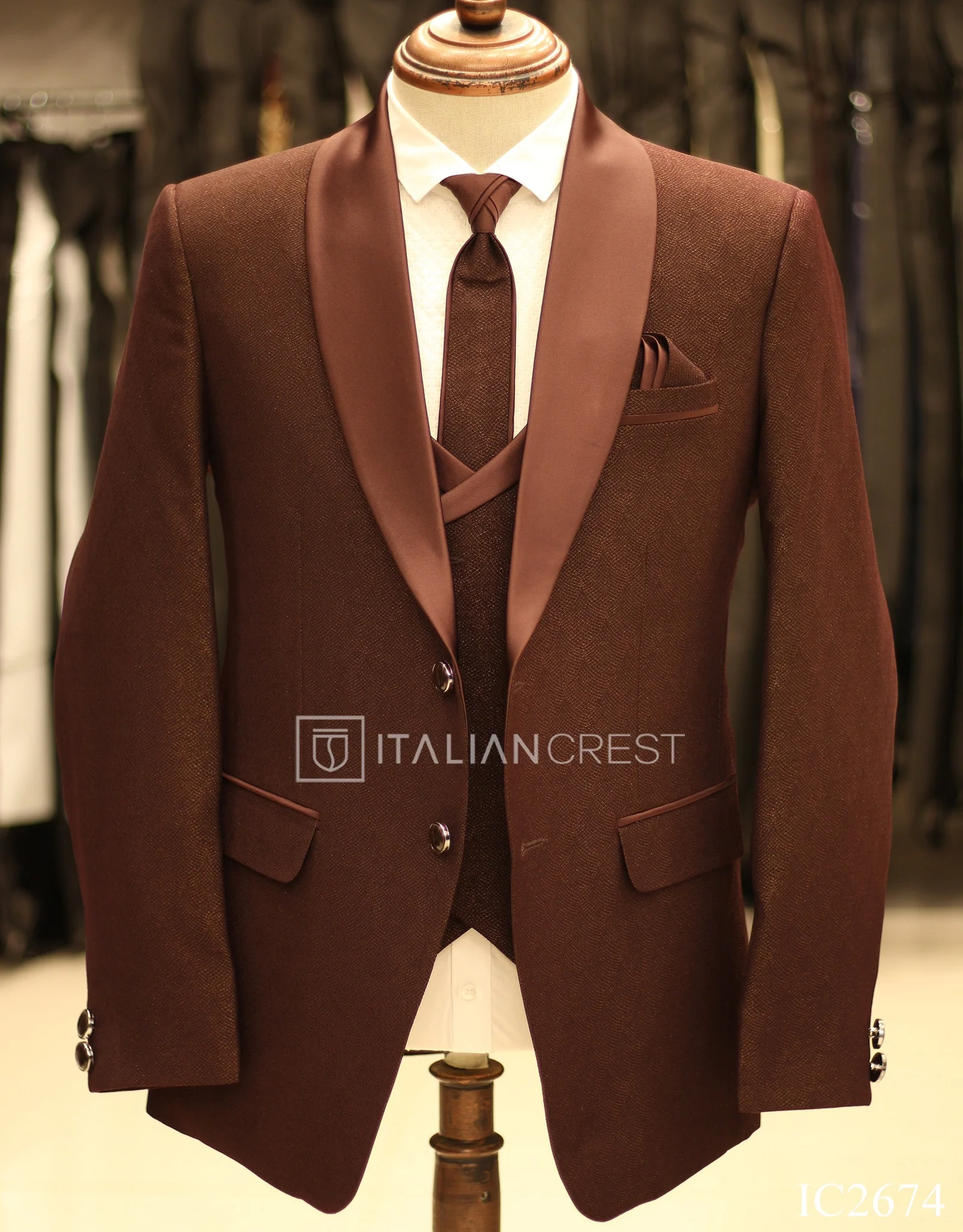 Maroon Jacquard 5pc Wedding Suit - Image 3