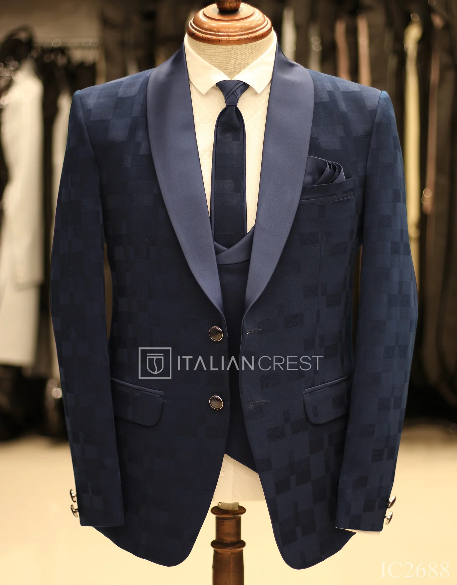 Blue Jacquard 5pc Wedding Suit - Image 3