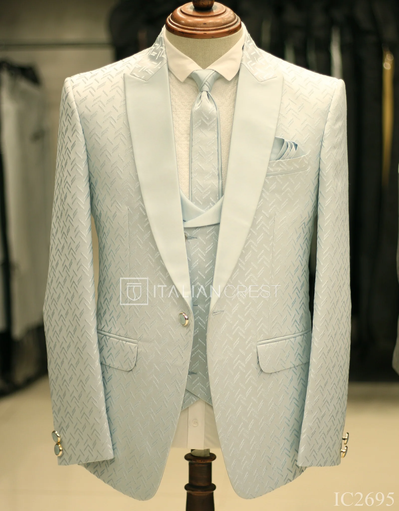 Light Blue Jacquard 5pc Wedding Suit - Image 2