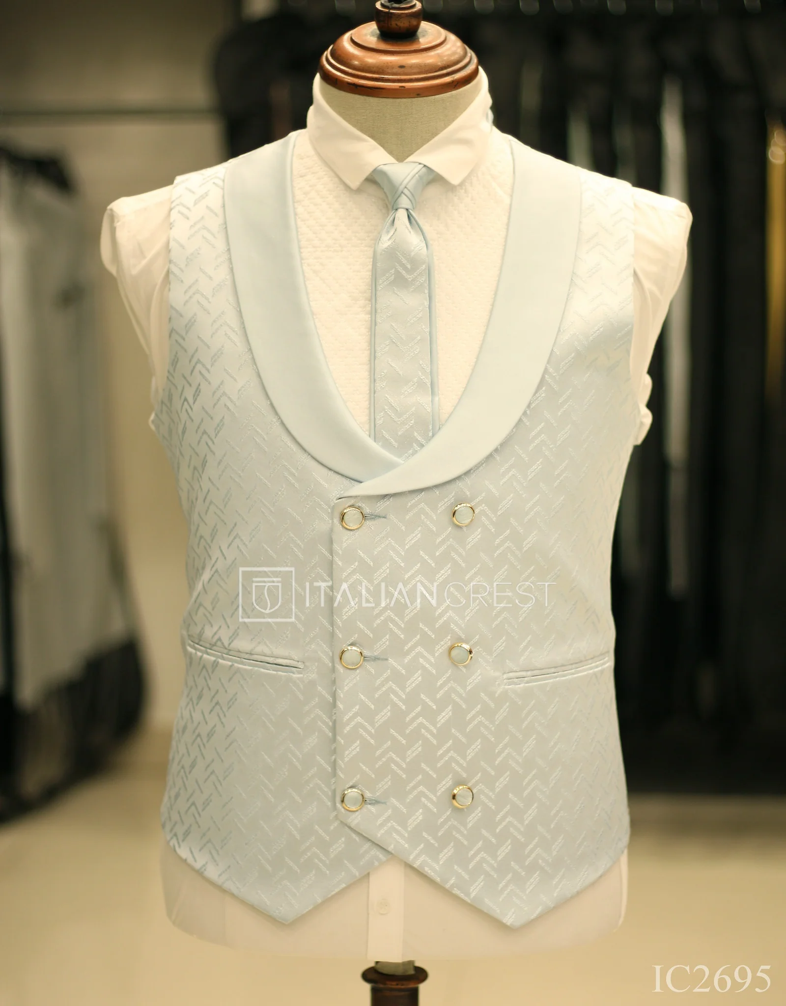 Light Blue Jacquard 5pc Wedding Suit - Image 3