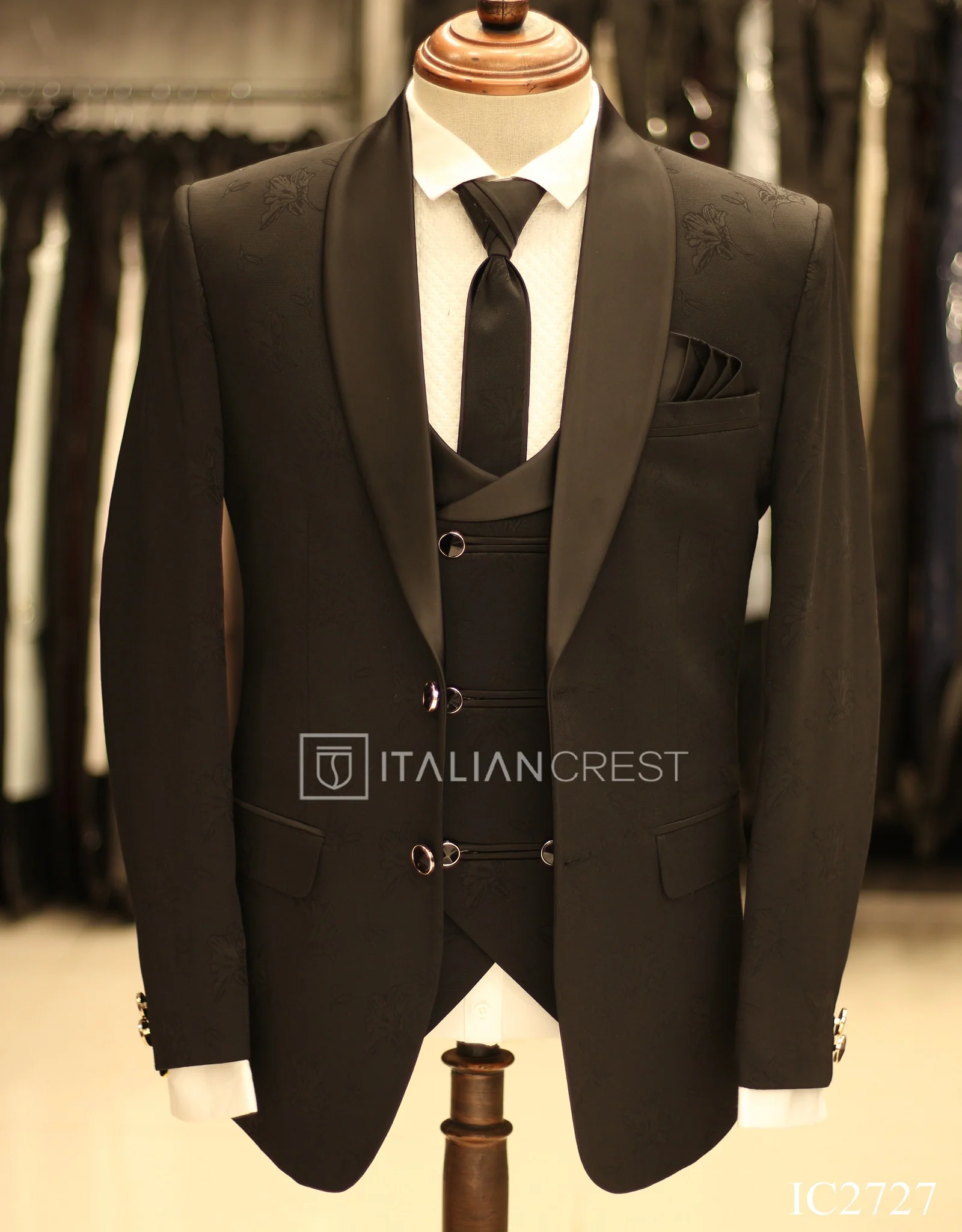 Black Jacquard 5pc Wedding Suit - Image 3