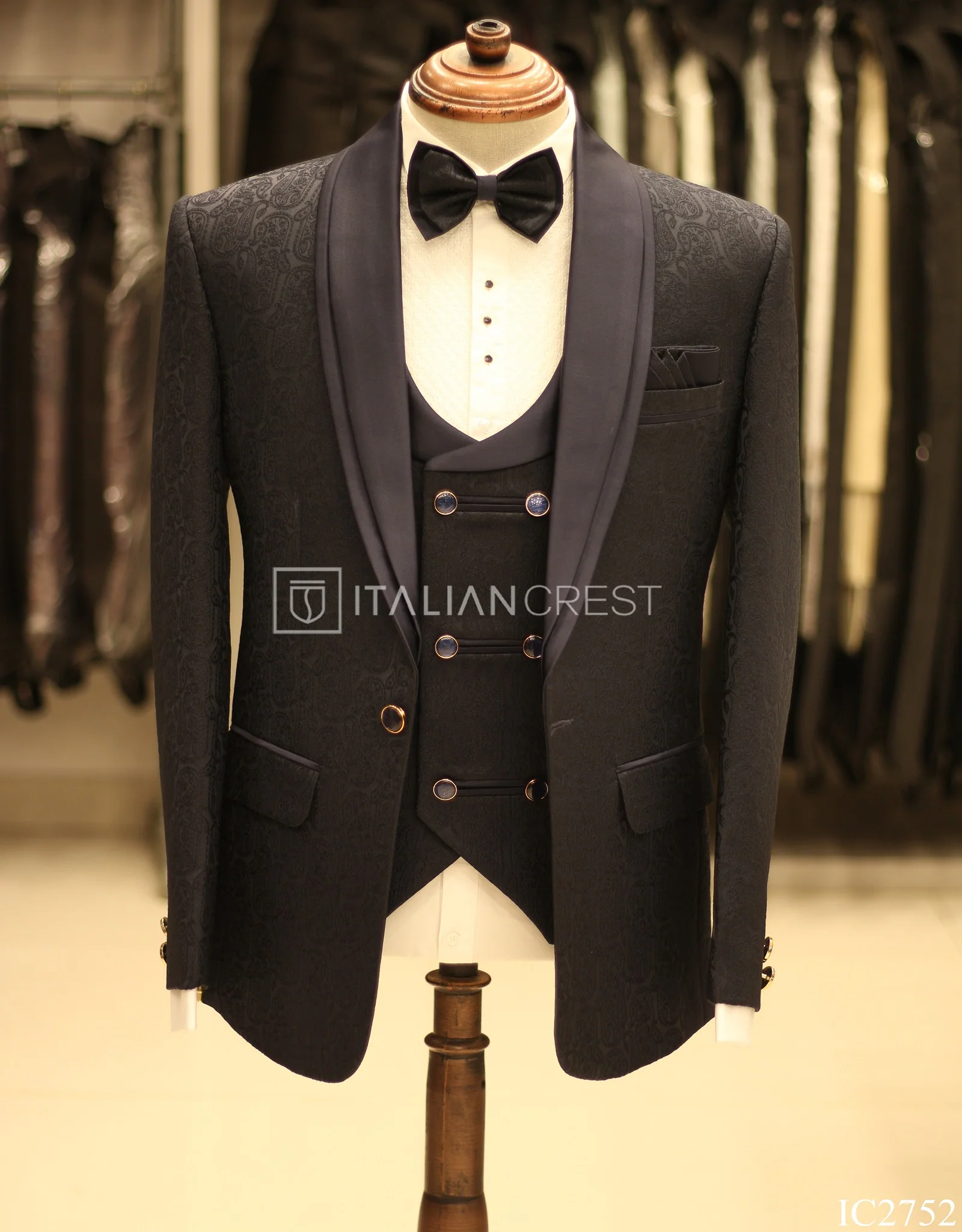 Navy Blue Jacquard 5pc Wedding Suit - Image 3