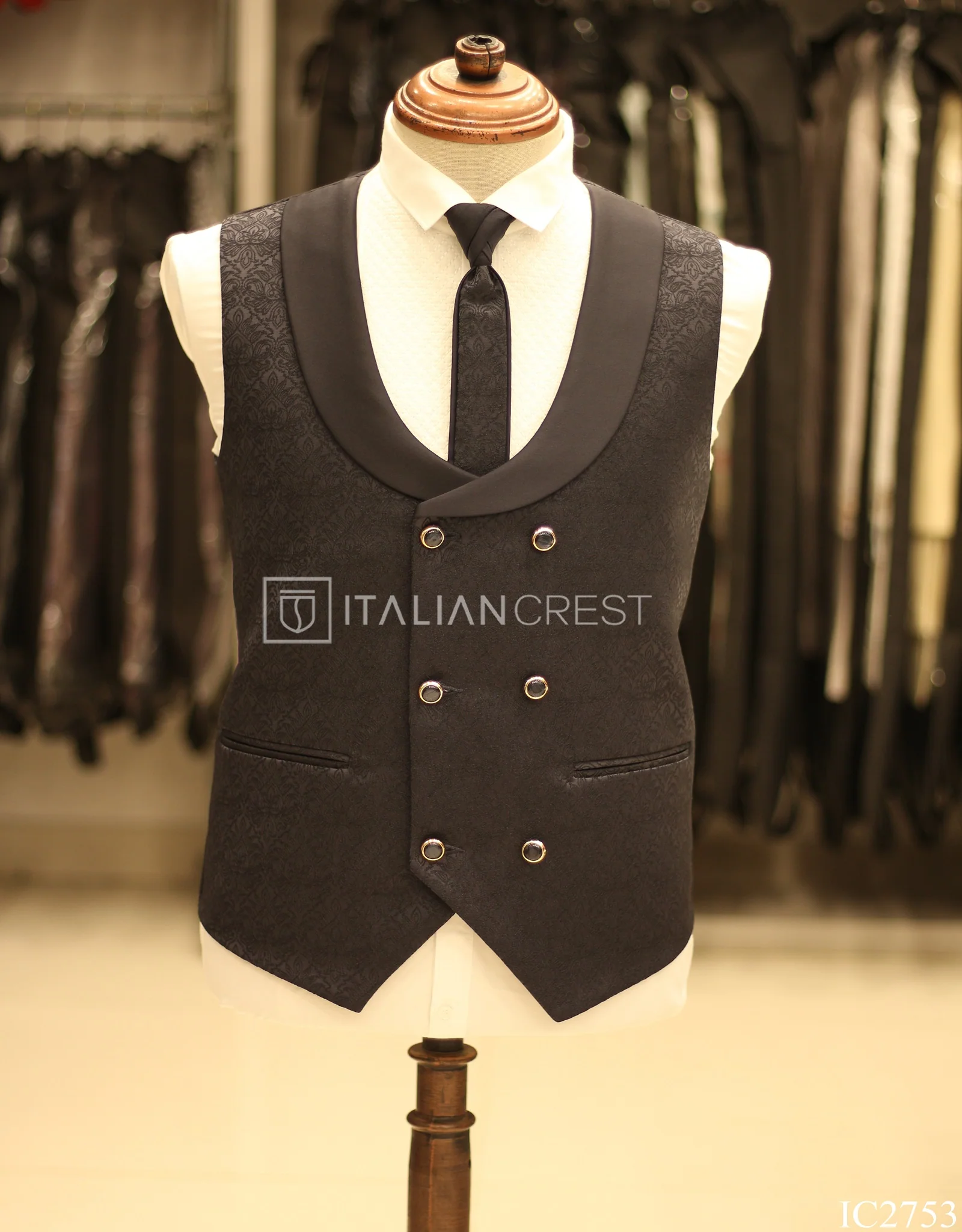 Navy Blue Jacquard 5pc Wedding Suit - Image 2