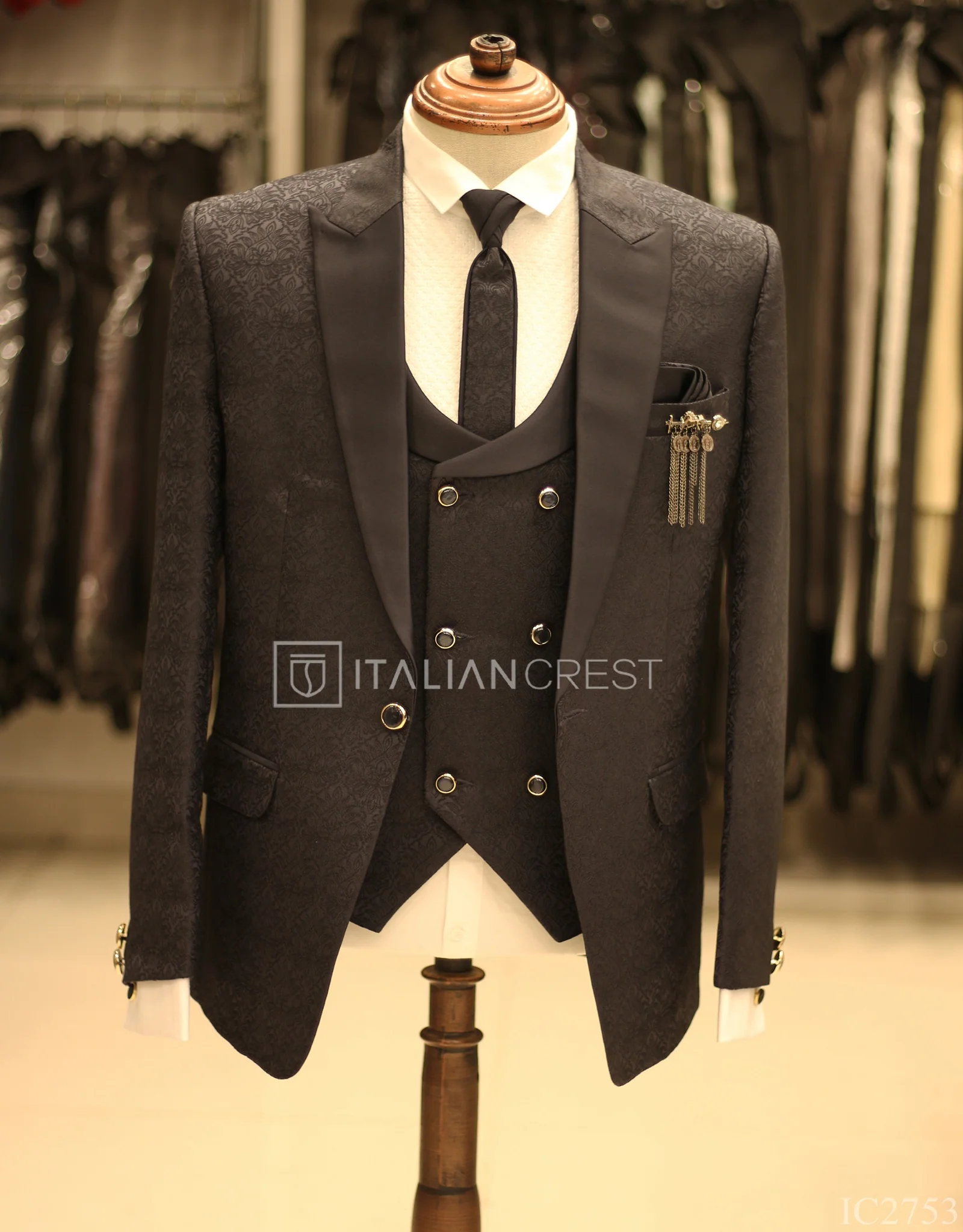 Navy Blue Jacquard 5pc Wedding Suit - Image 3