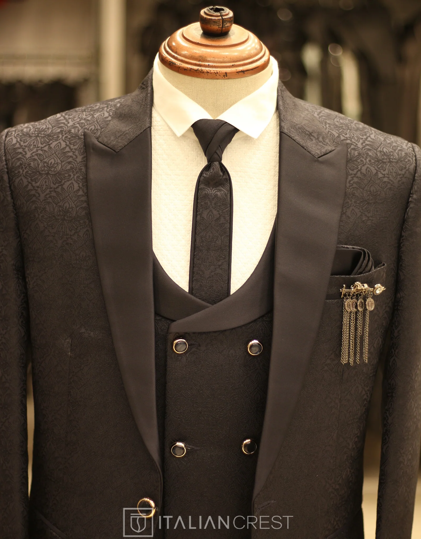 Navy Blue Jacquard 5pc Wedding Suit - Image 4