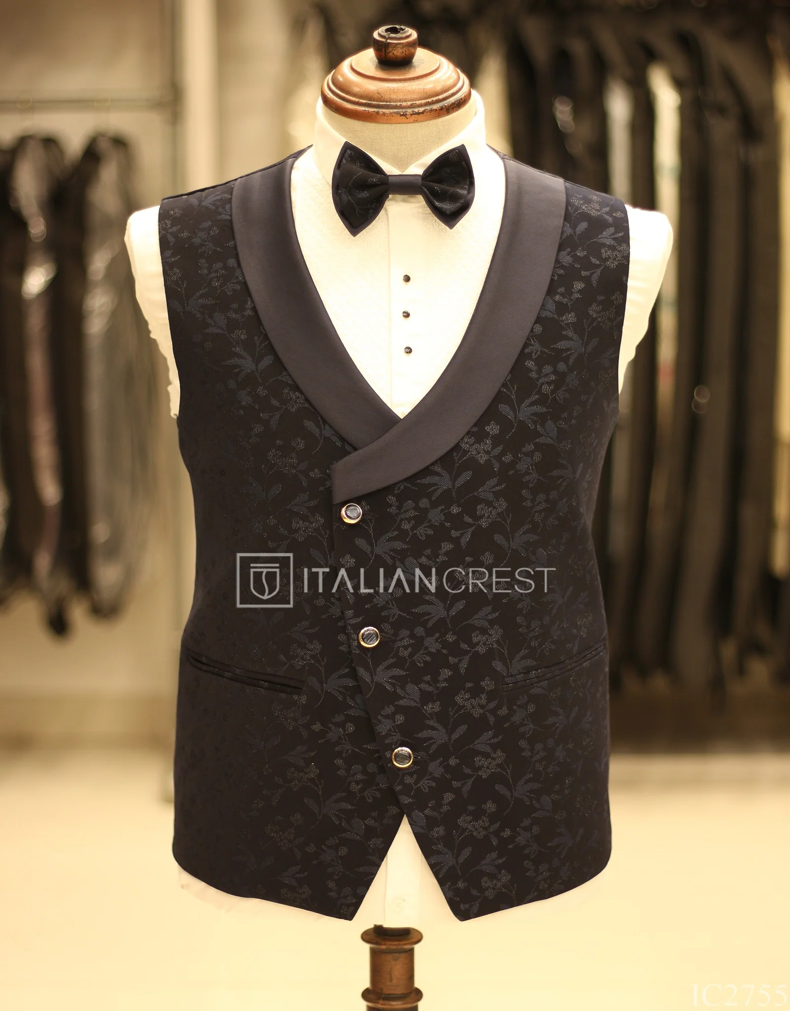 Navy Blue Jacquard 5pc Wedding Suit - Image 2