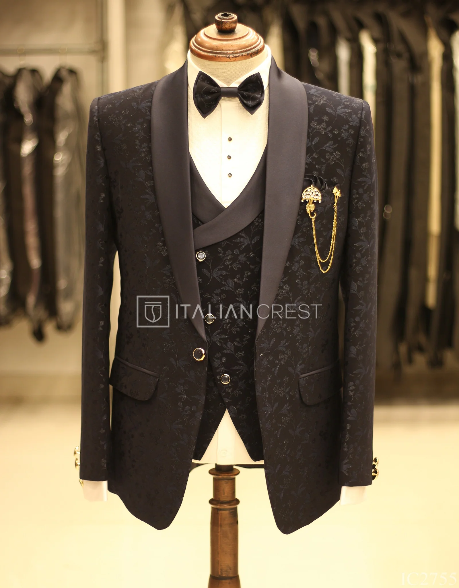 Navy Blue Jacquard 5pc Wedding Suit - Image 3
