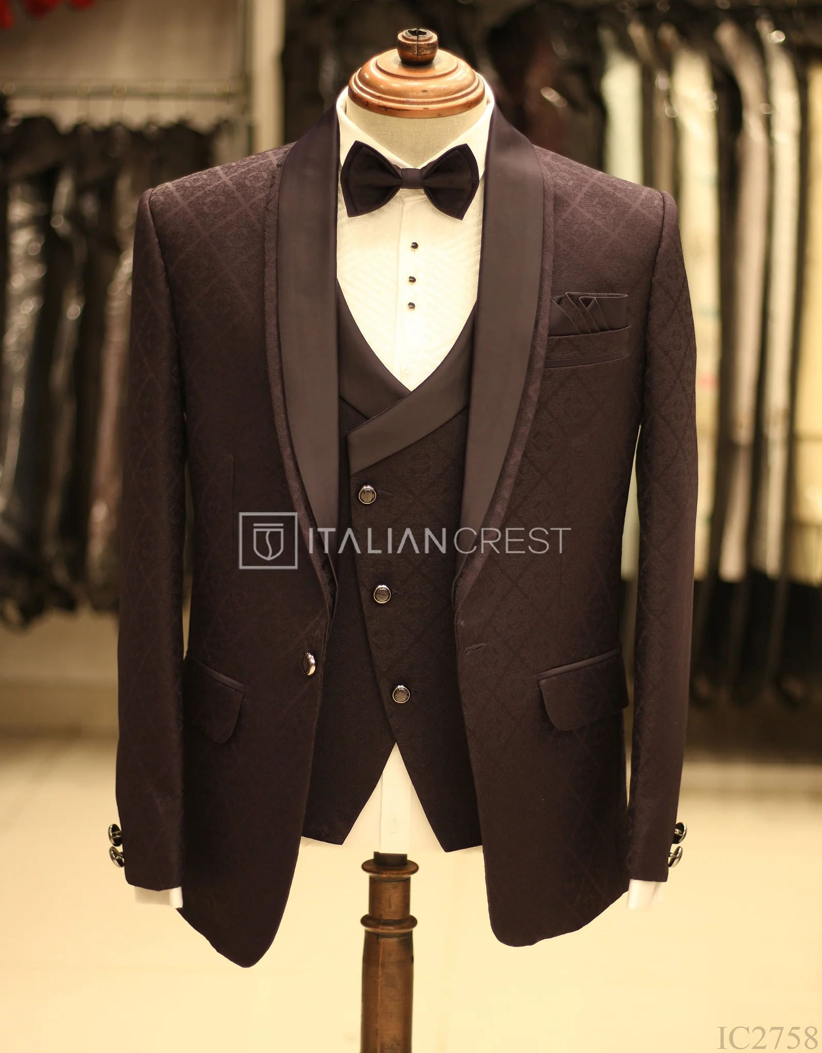 Dark Purple Jacquard 5pc Wedding Suit - Image 3