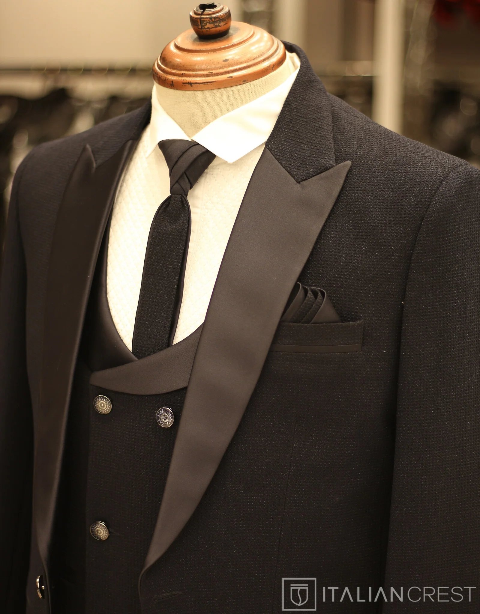 Navy Blue Jacquard 5pc Wedding Suit - Image 2