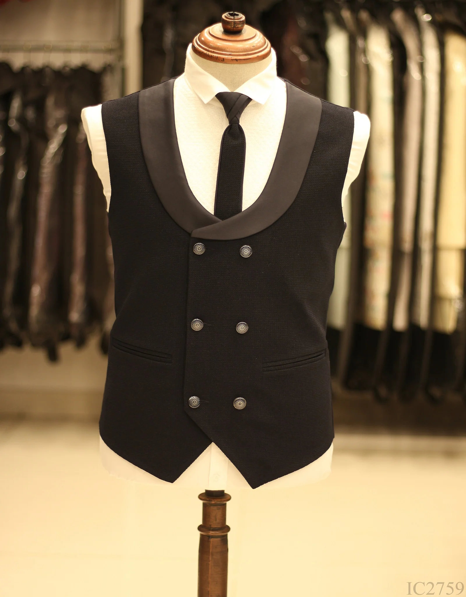 Navy Blue Jacquard 5pc Wedding Suit - Image 4