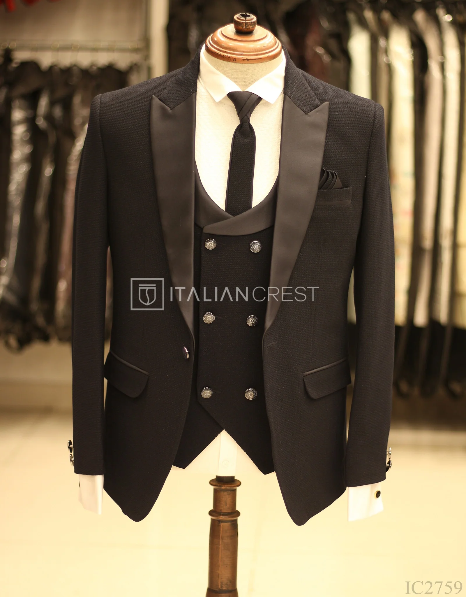 Navy Blue Jacquard 5pc Wedding Suit - Image 5