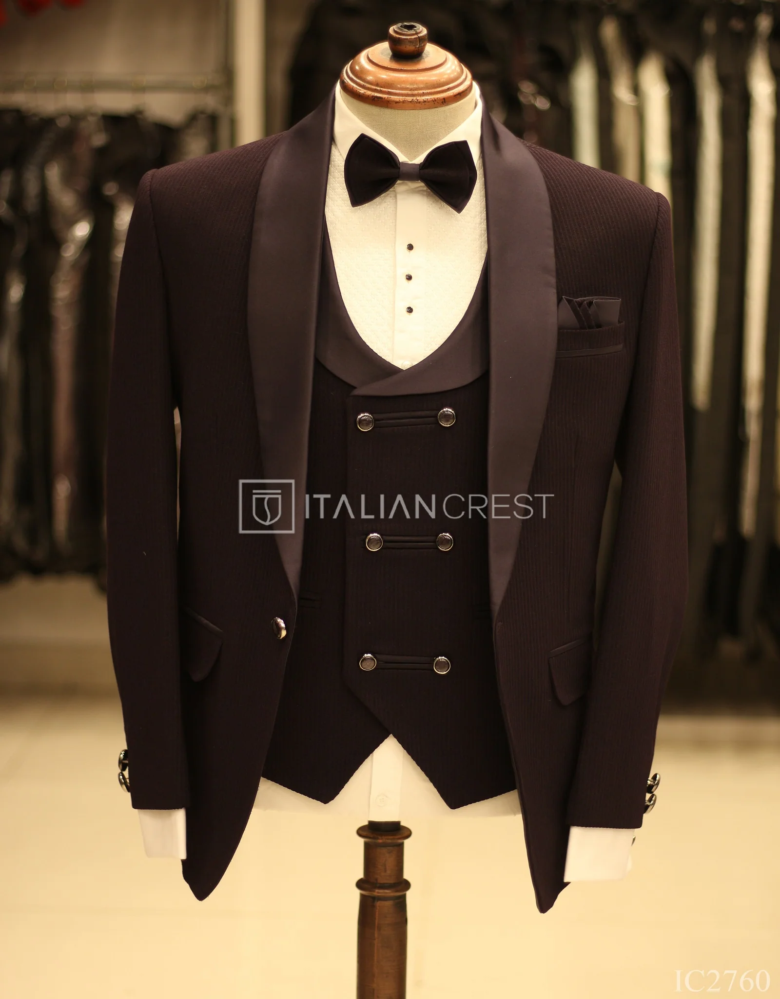Dark Purple Jacquard 5pc Wedding Suit - Image 3