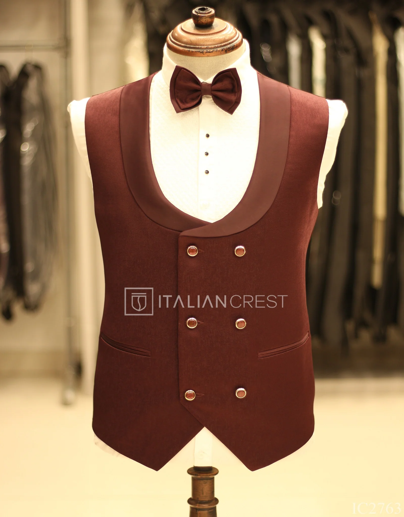 Maroon Jacquard 5pc Wedding Suit - Image 2