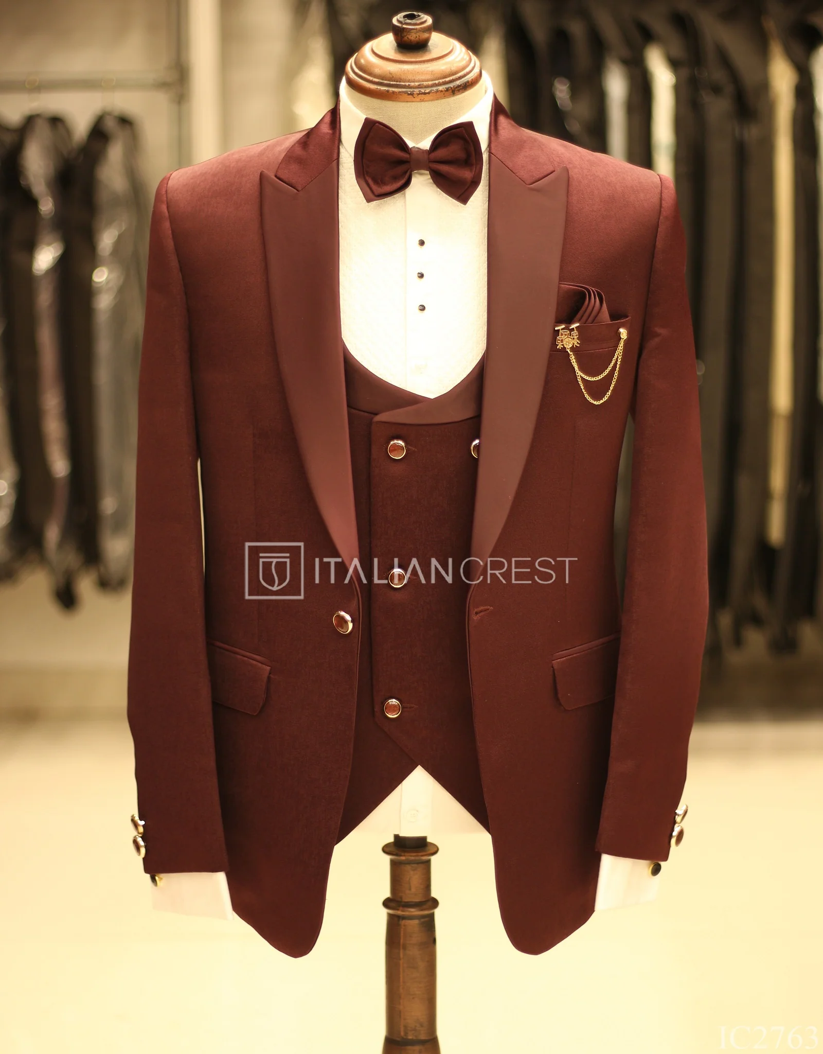 Maroon Jacquard 5pc Wedding Suit - Image 3