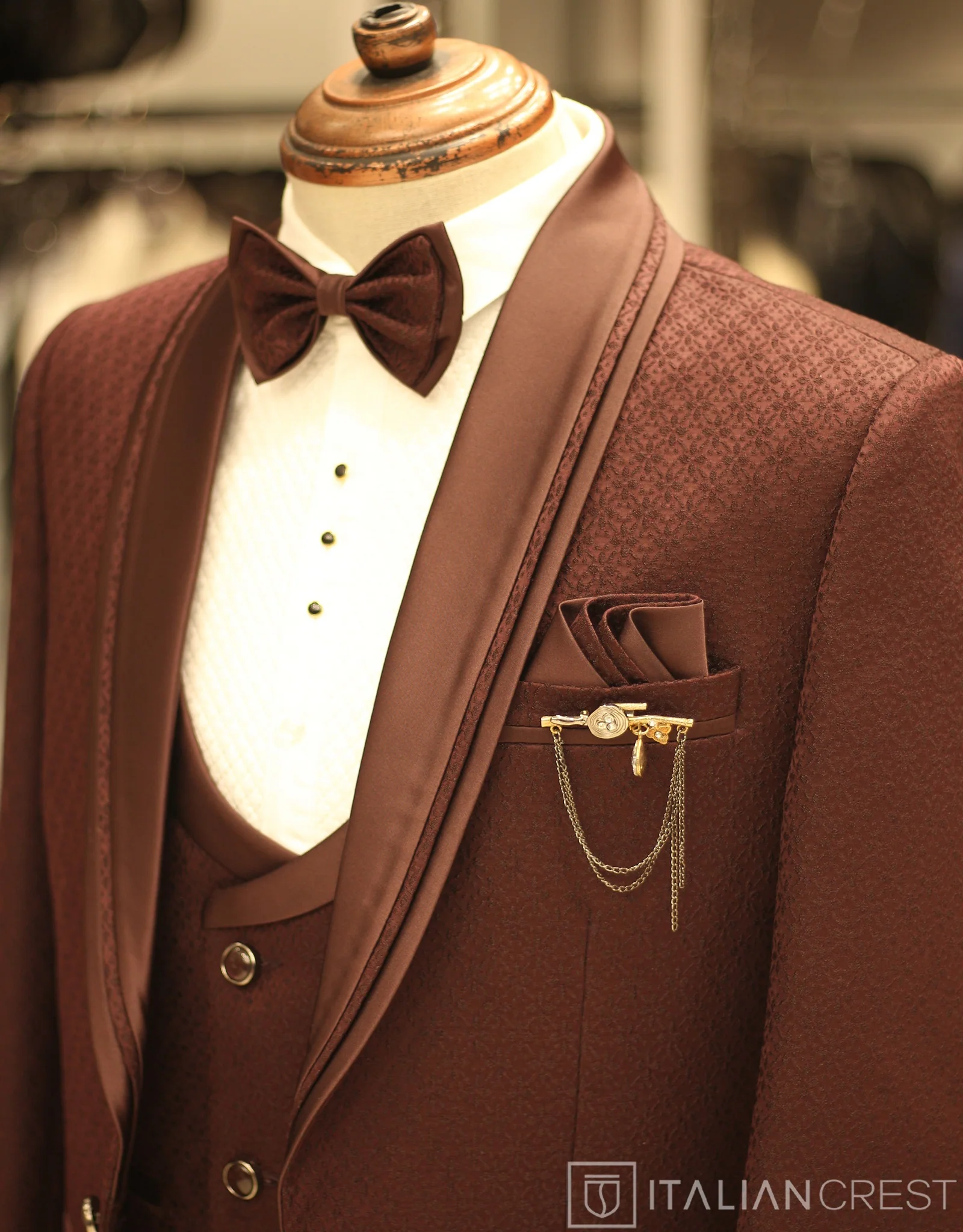 Maroon Jacquard 5pc Wedding Suit