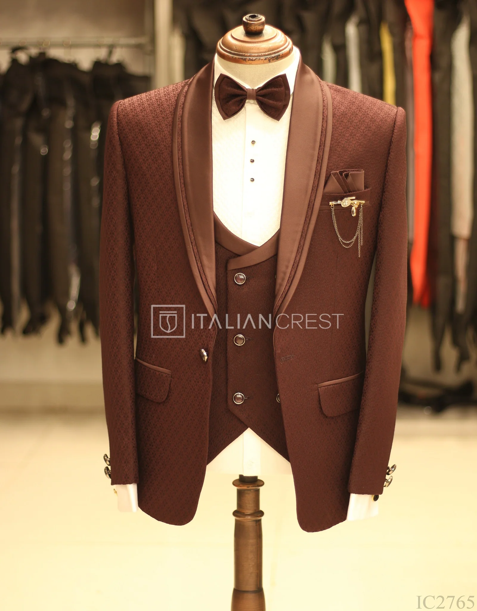 Maroon Jacquard 5pc Wedding Suit - Image 3