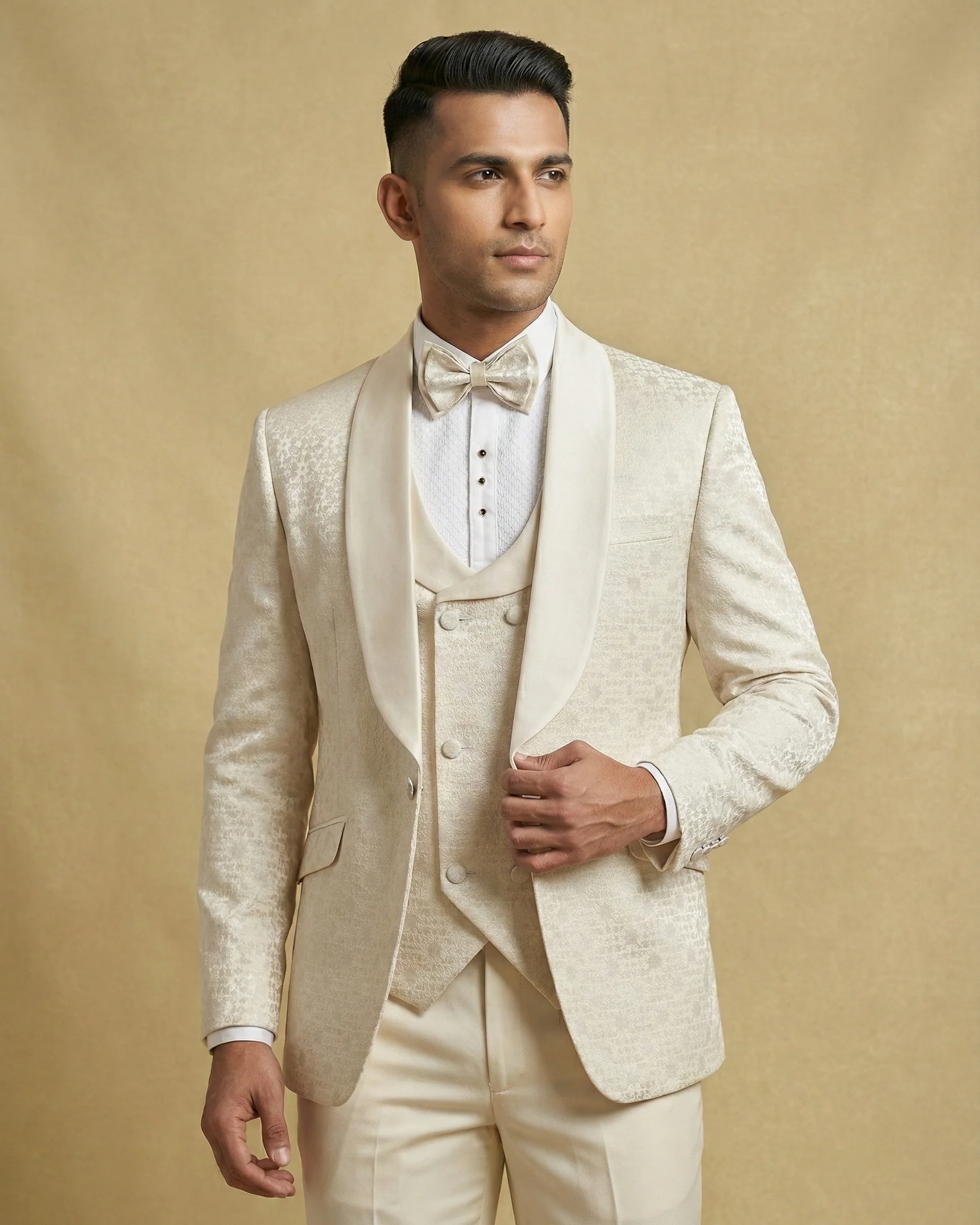 Beige Jacquard 5pc Wedding Suit