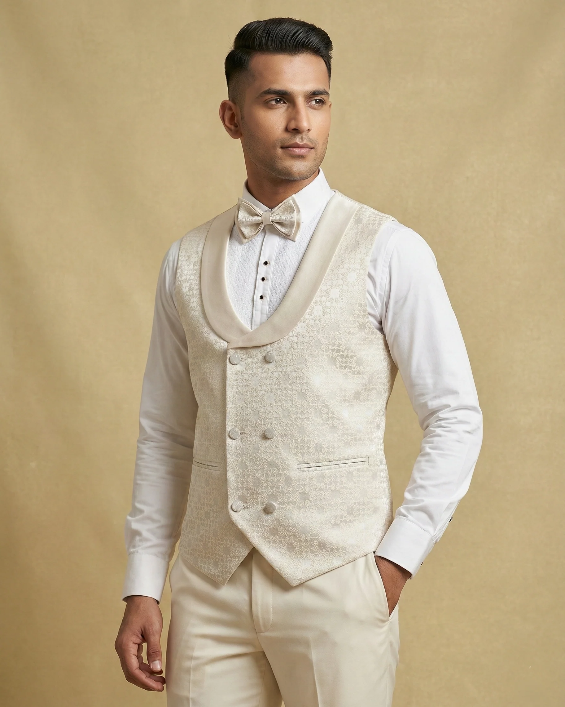 Beige Jacquard 5pc Wedding Suit - Image 2