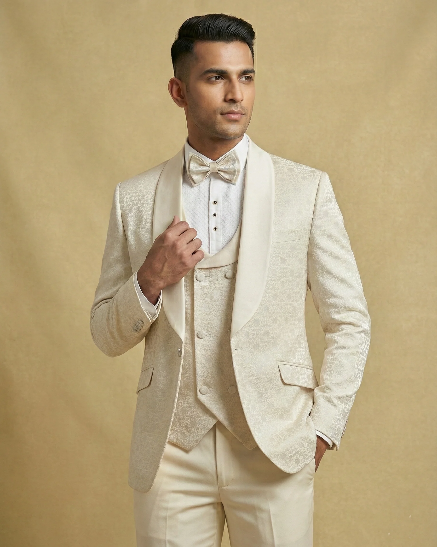 Beige Jacquard 5pc Wedding Suit - Image 3